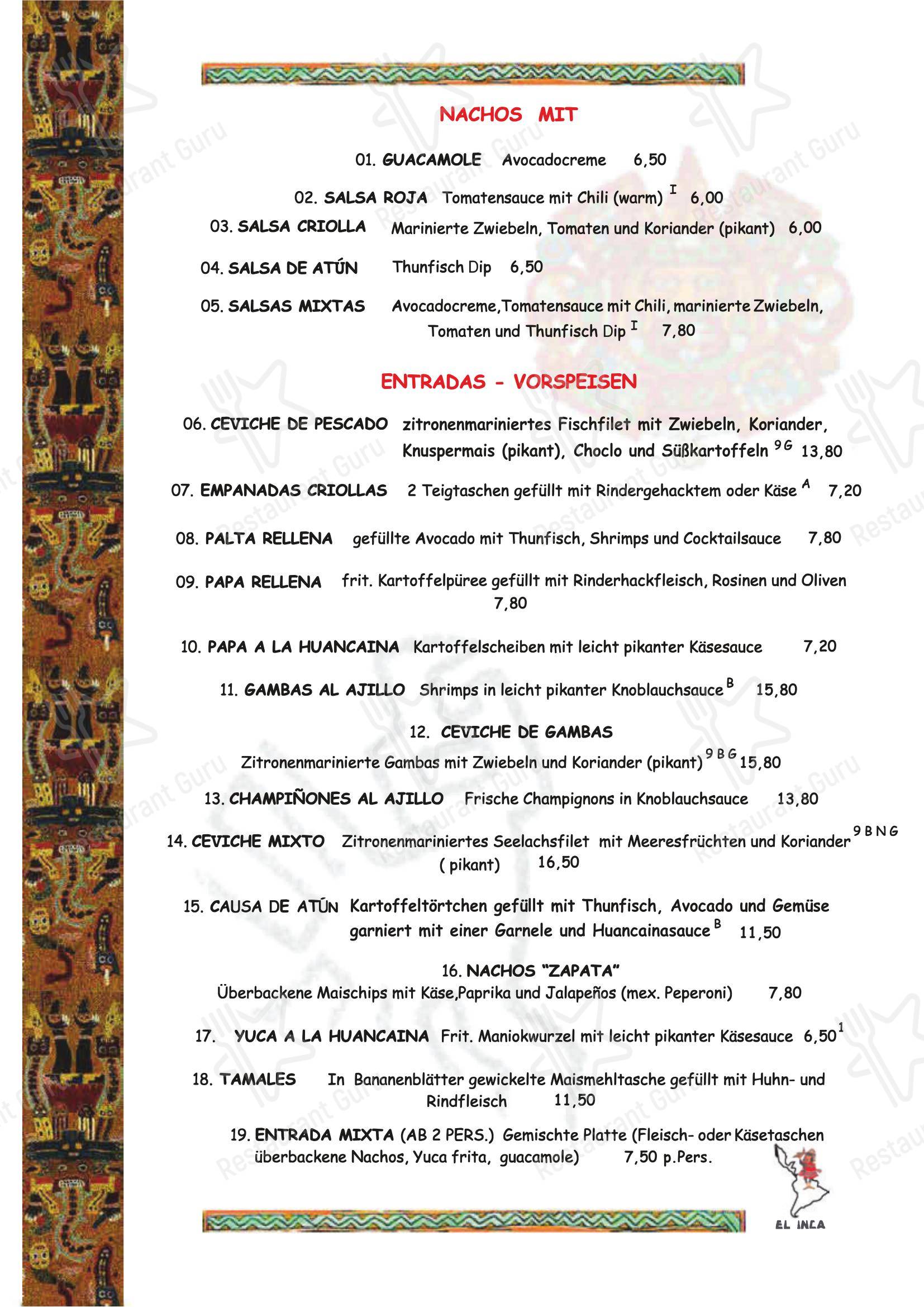 Меню напитков ресторана El Inca Restaurant в Кёльне