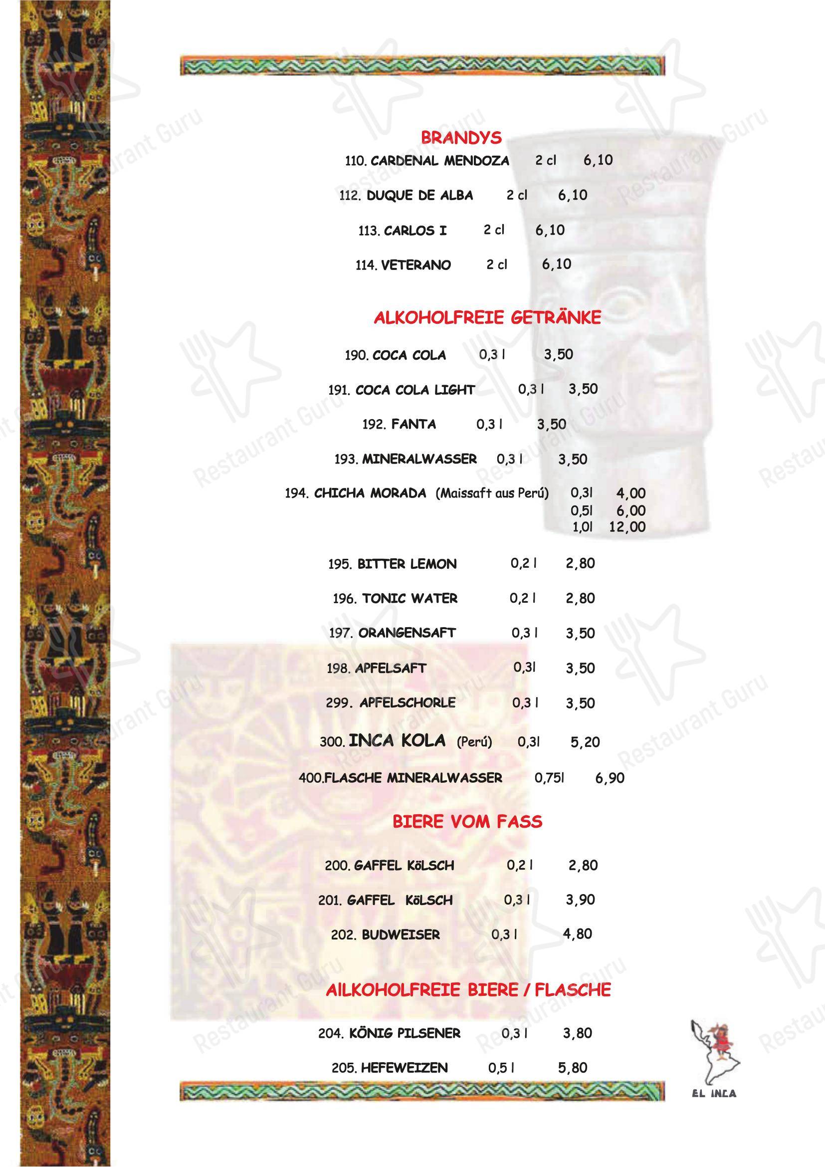 Меню напитков ресторана El Inca Restaurant в Кёльне