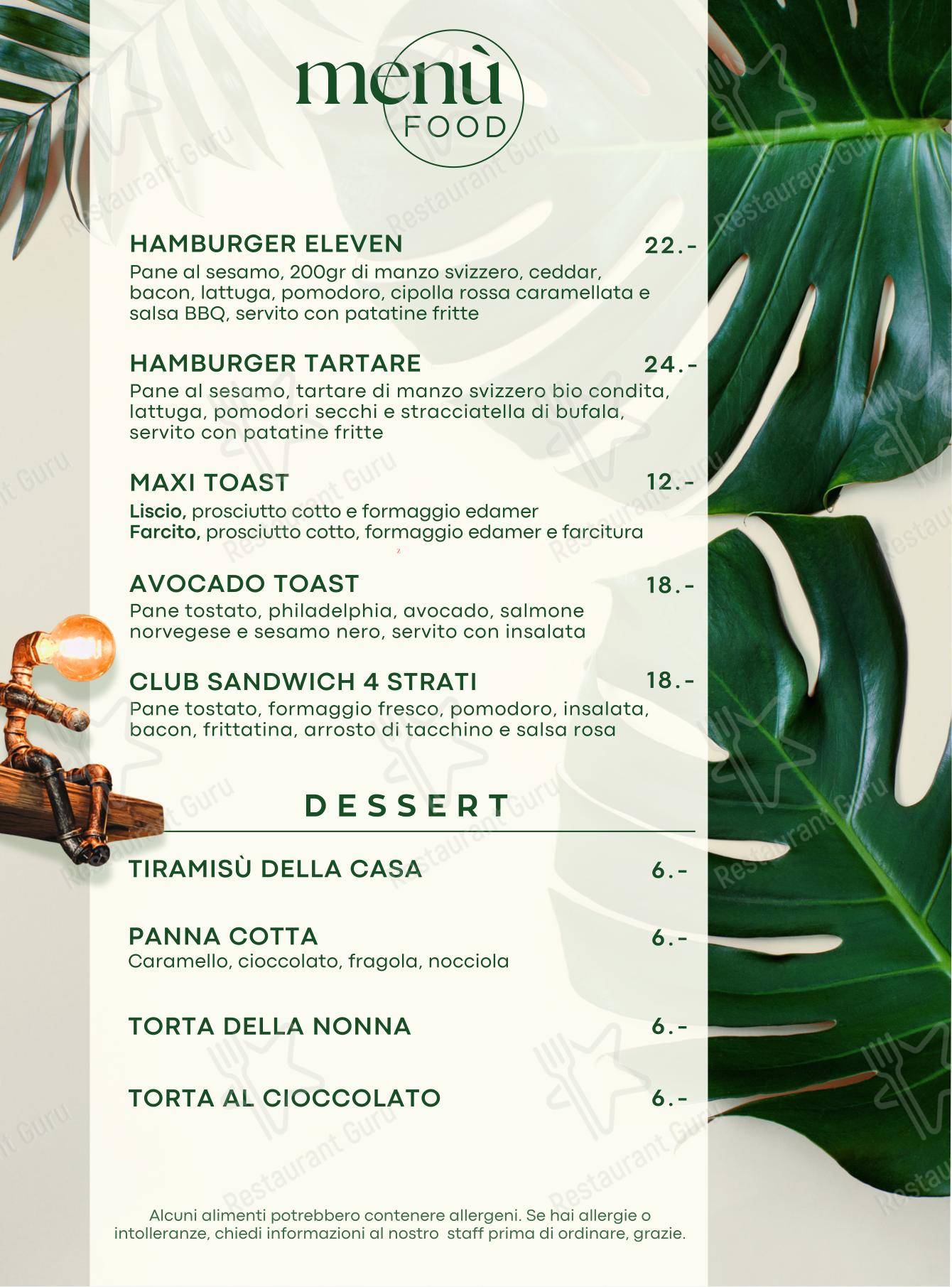 Меню паба и бара Eleven Bar Ristorante - Меню