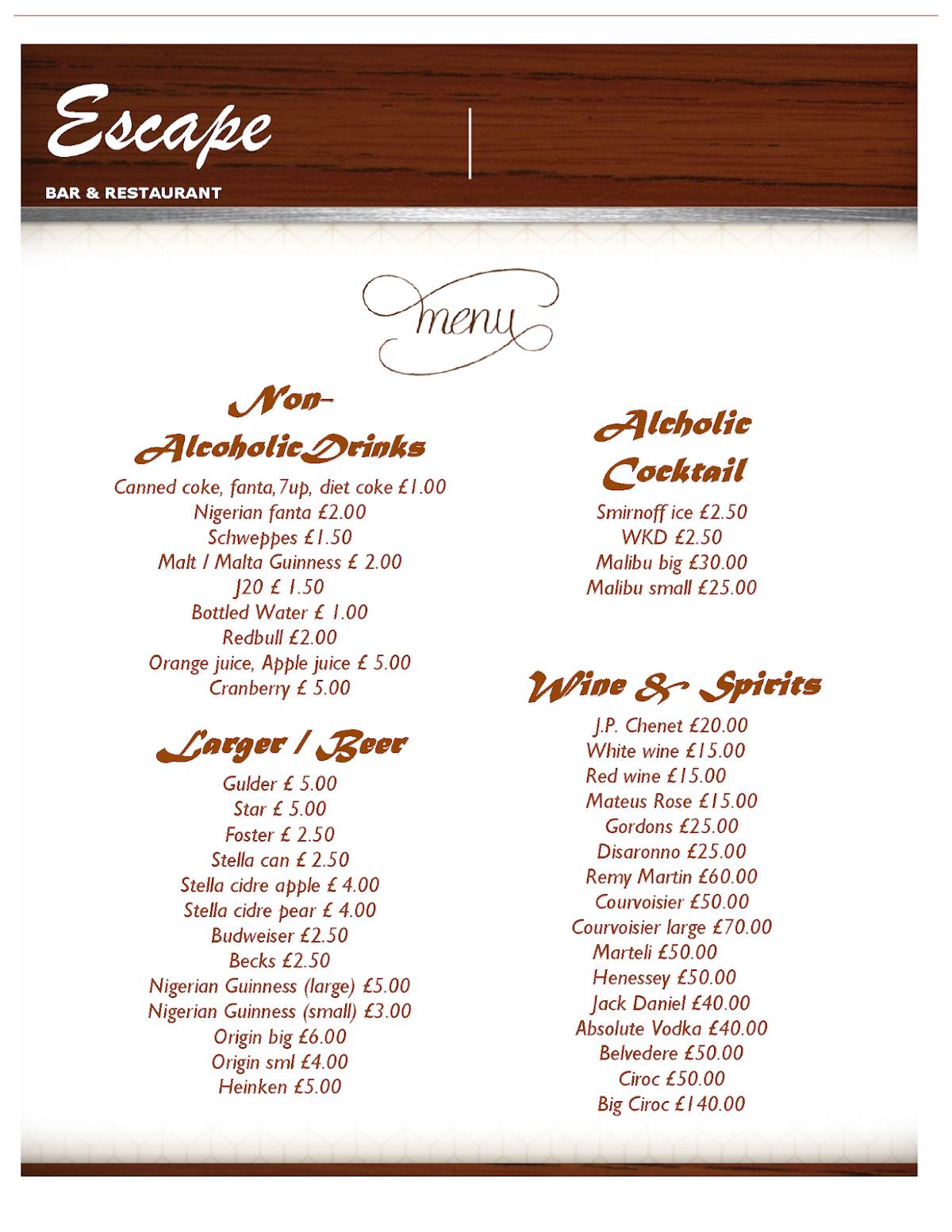 Escape Restaurant & Bar меню