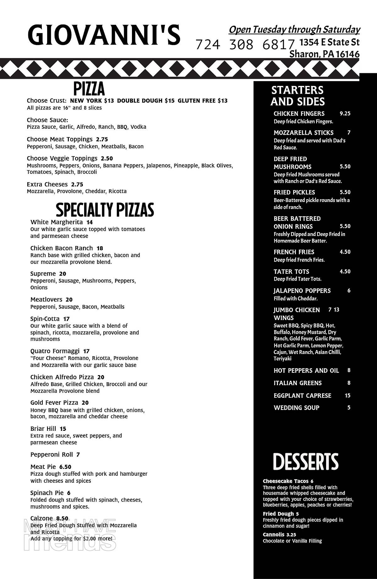 Giovanni's Pizza and Catering меню