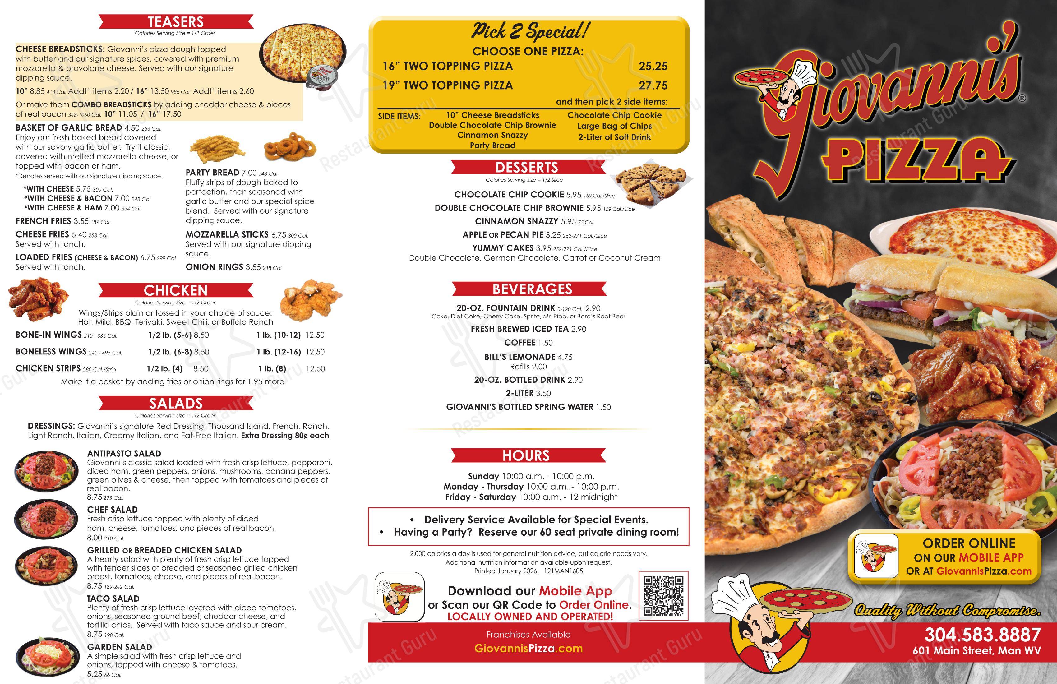 Меню пиццерии Giovanni's Pizza - Меню