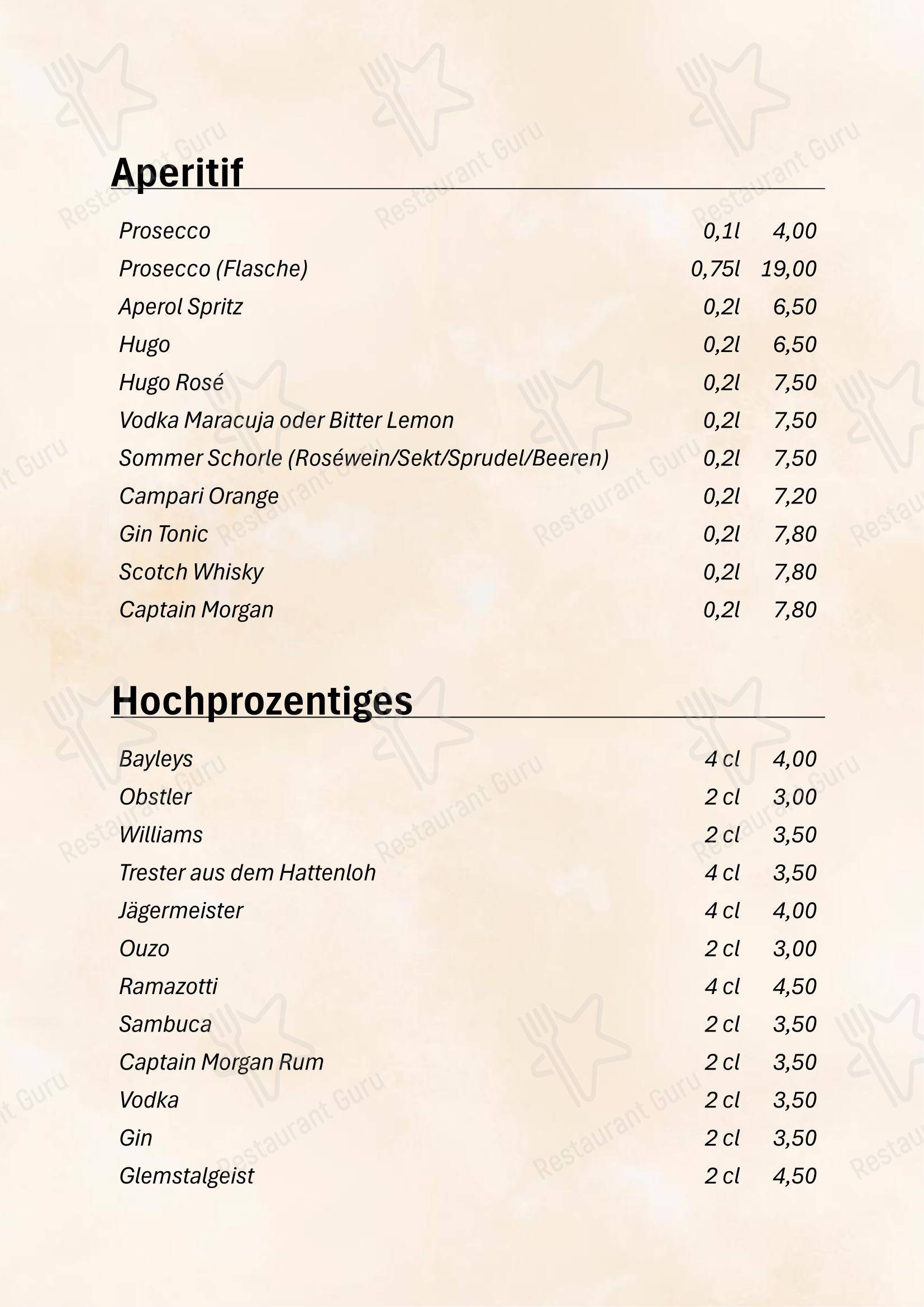 Меню напитков ресторана Glemsbächle