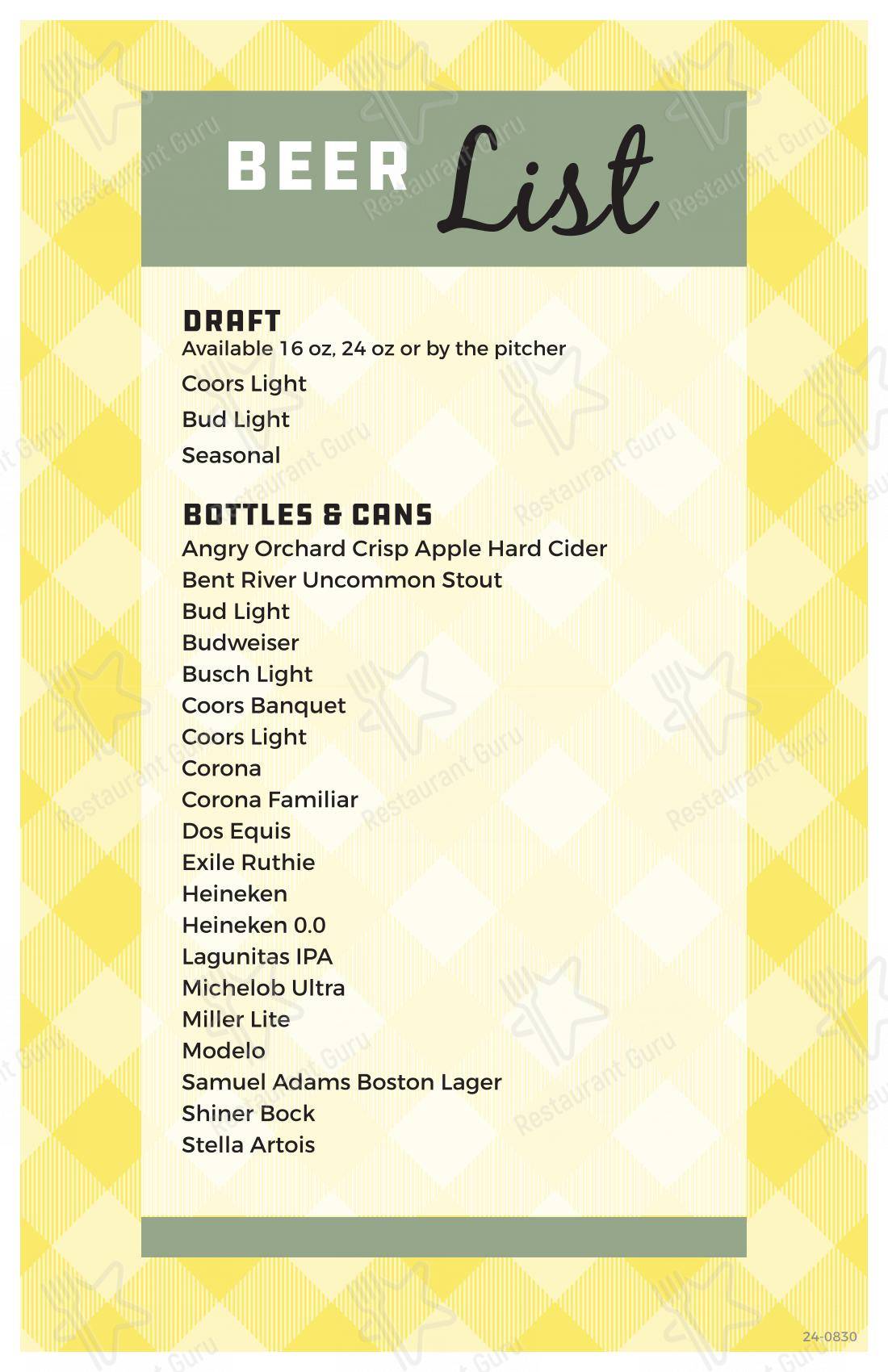 Dinner Menu ресторана Gramma's Kitchen & Checkered Flag в Уолкотте