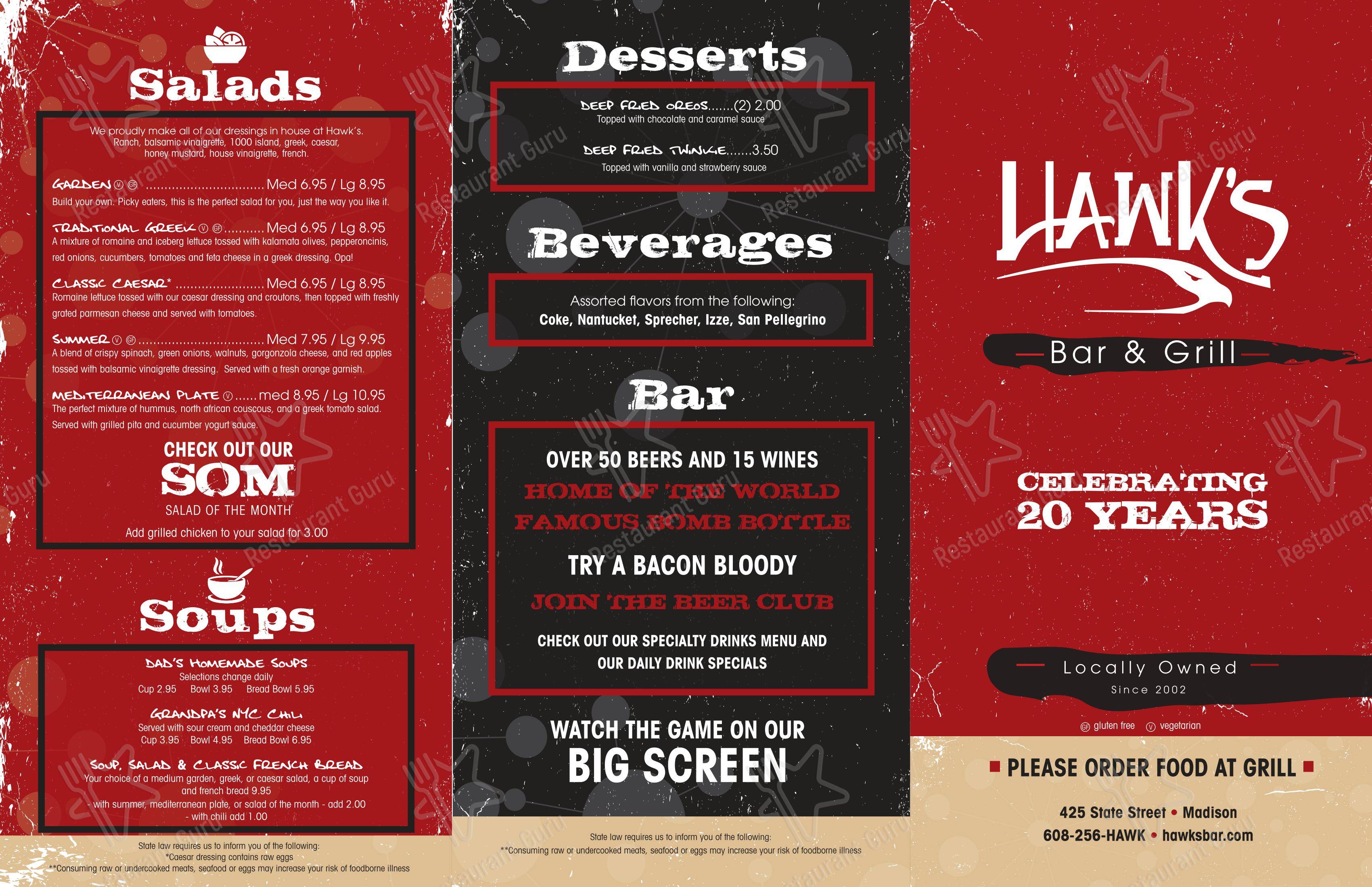 Hawk's Bar & Grill в Мадисне - Меню