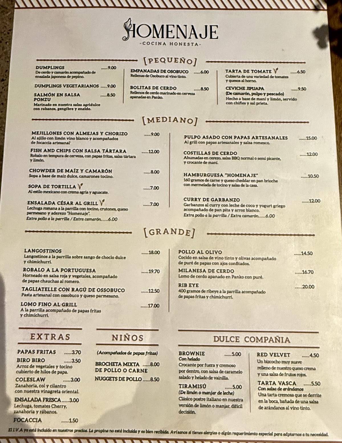Homenaje Cocina Honesta меню