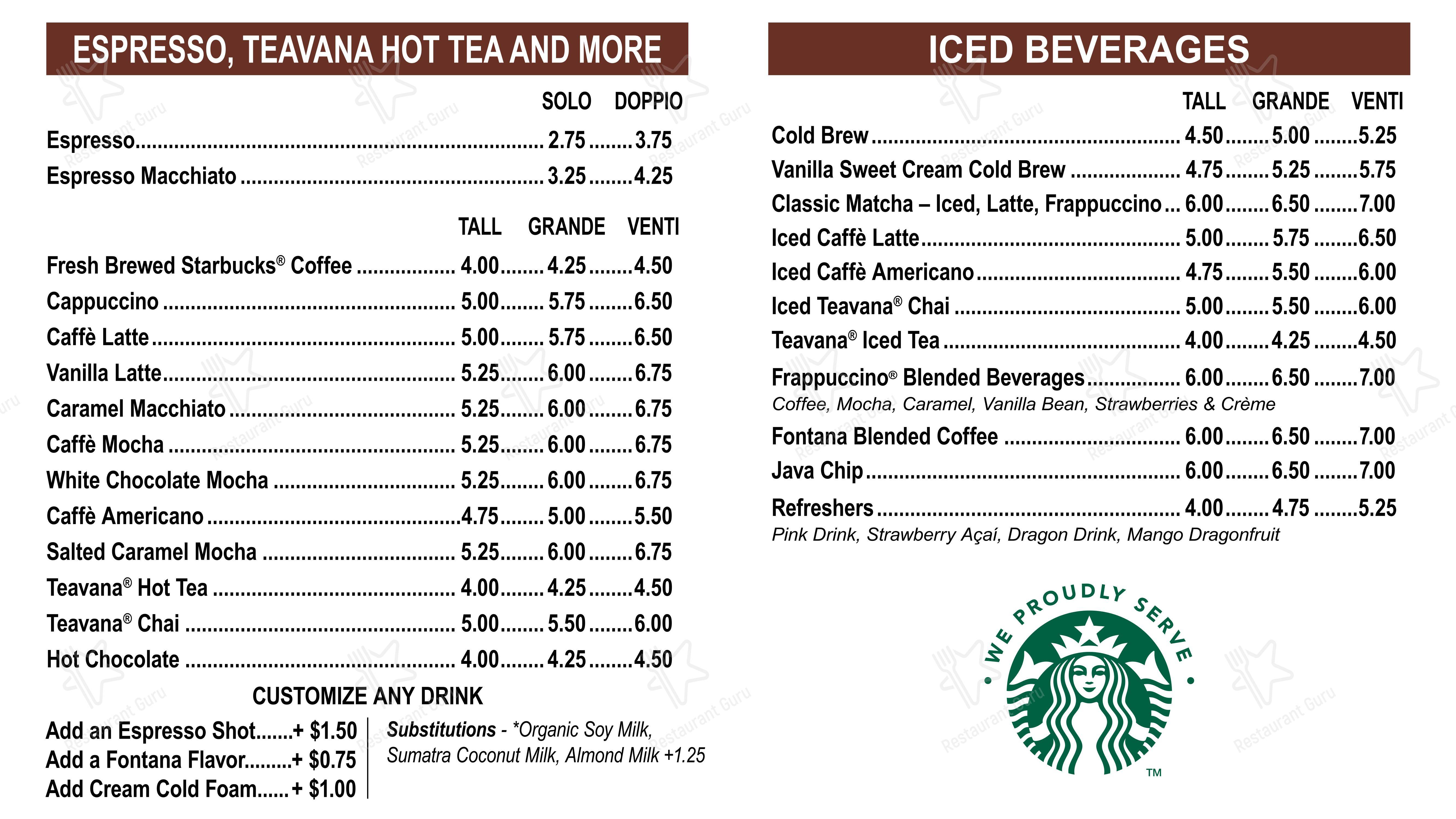 Java etc. - We Proudly Serve Starbucks Café в Рино - Меню