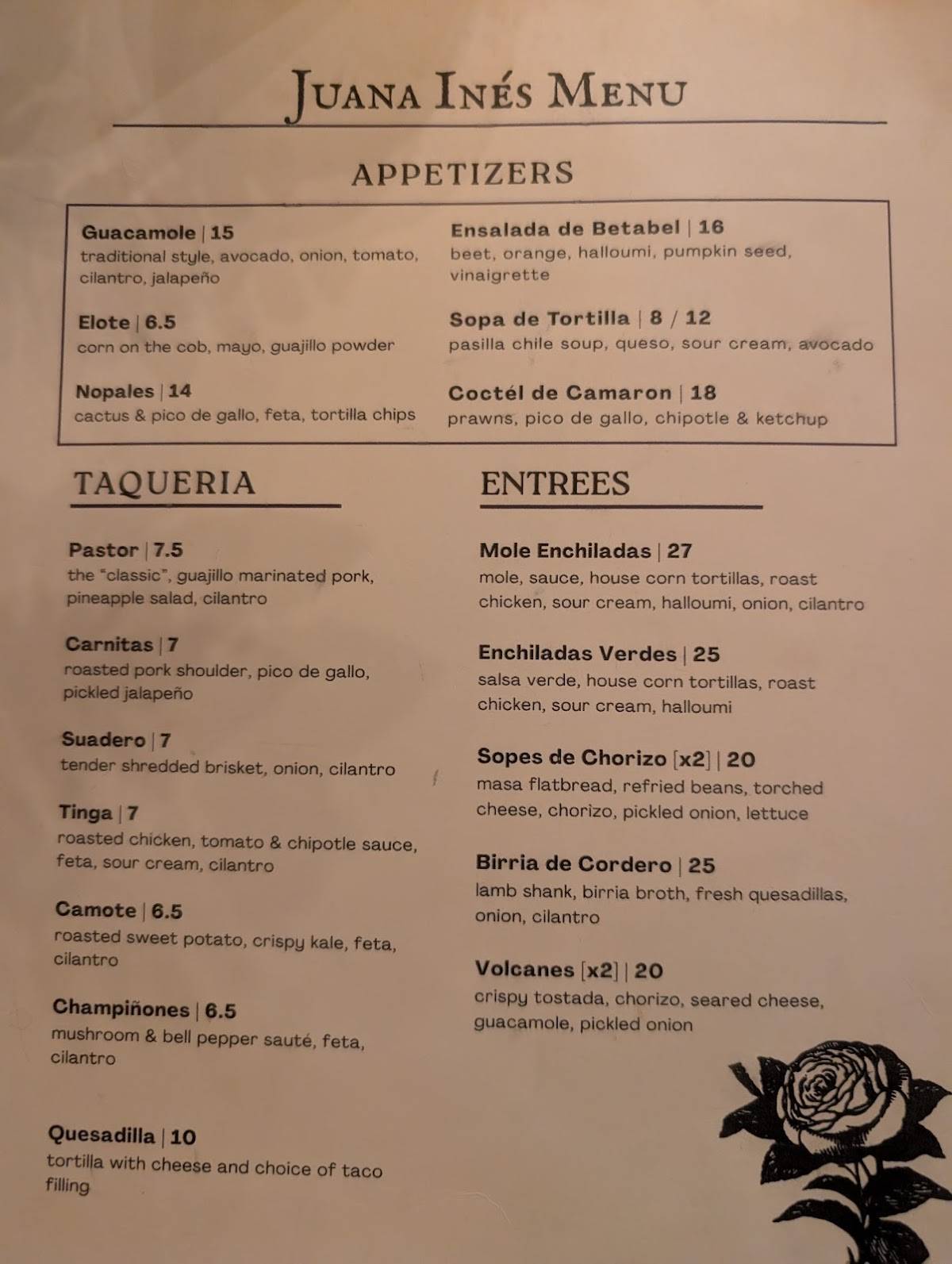 Juana Ines Mexican Restaurant меню
