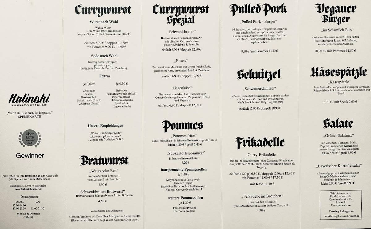 Kalinski Wurstwirtschaft Wertheim меню