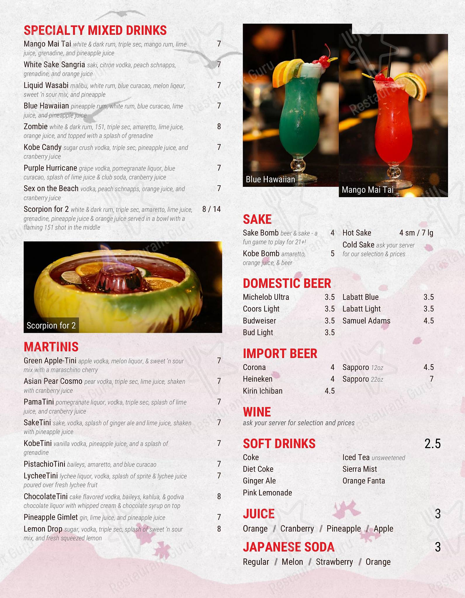 Коктейльная карта ресторана Kobe Japanese Steakhouse & Sushi Bar