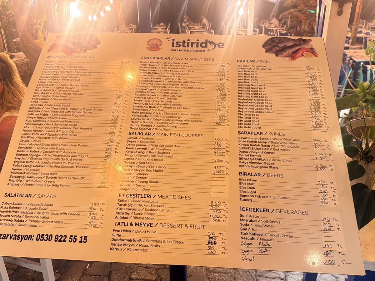 Kumluk İstiridye Datça Balık Restaurant меню