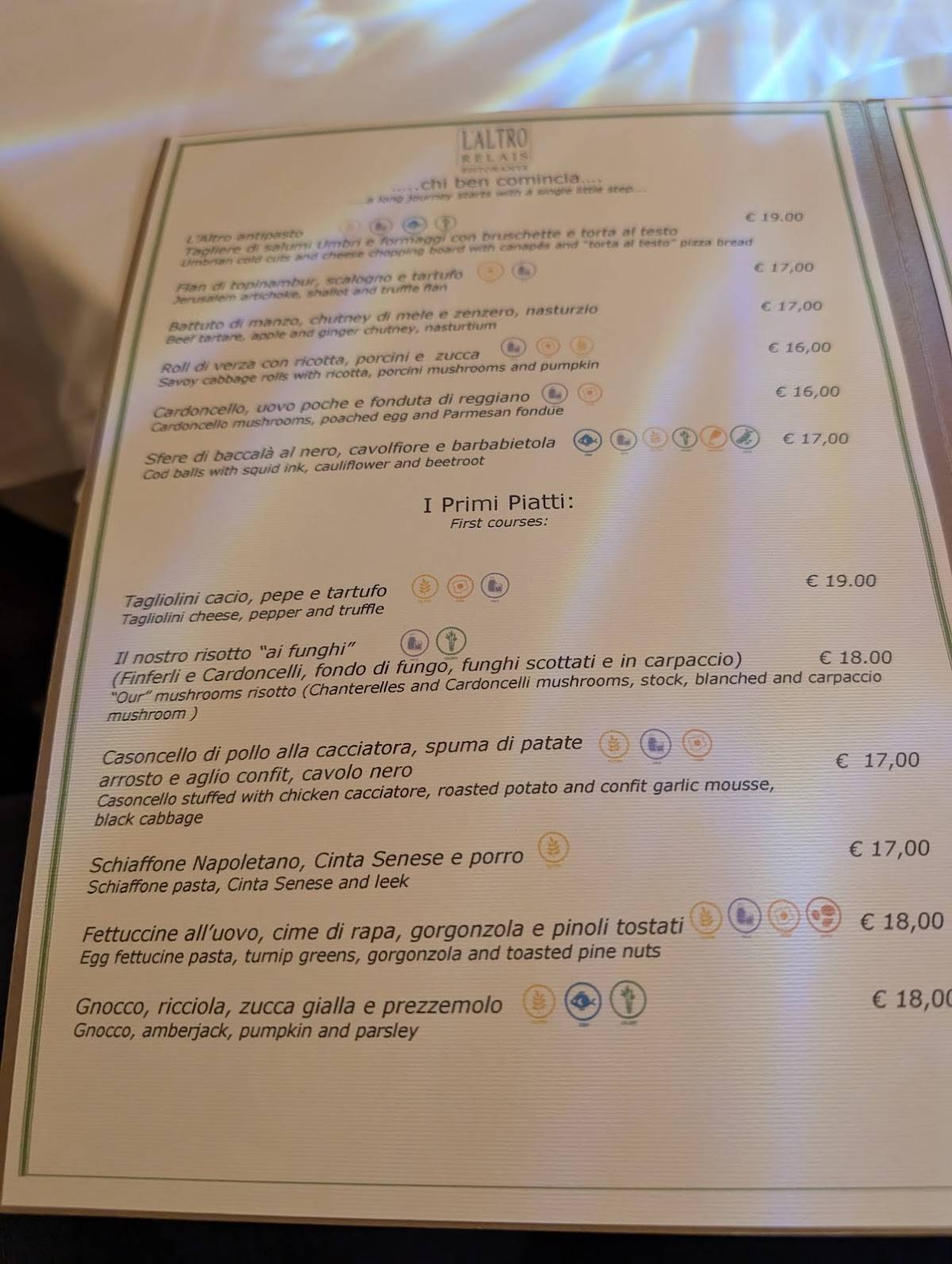 L'Altro Relais Ristorante меню