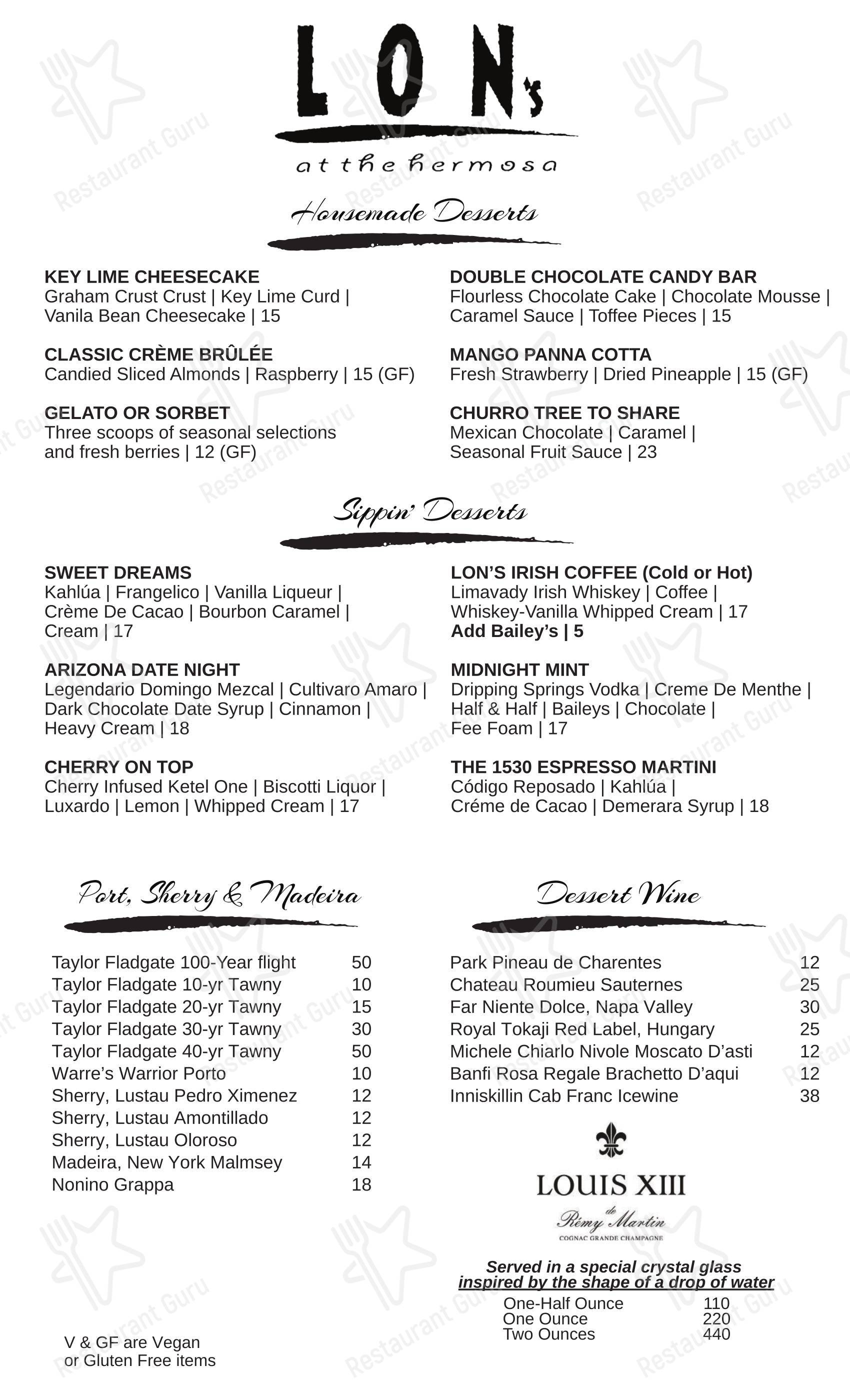 Основное меню паба и бара LON’s at The Hermosa Inn