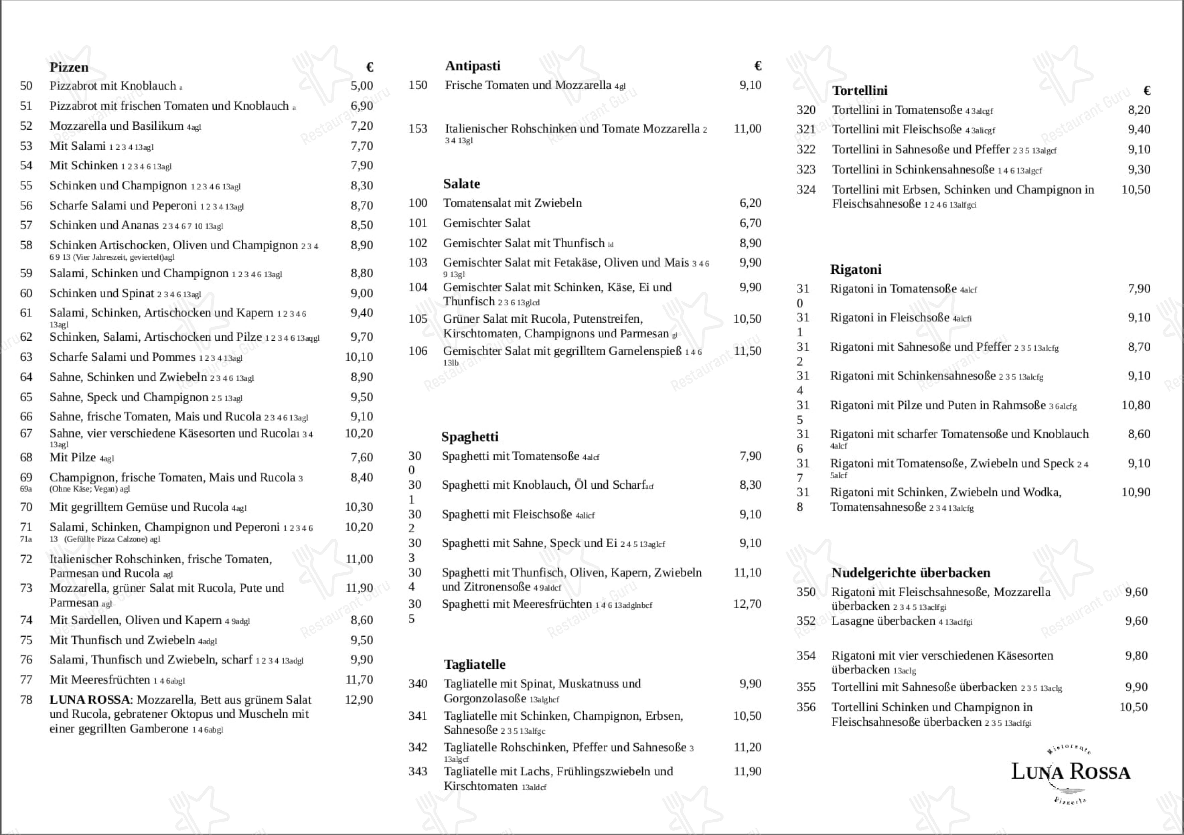 Меню ресторана LUNA ROSSA Ristorante Pizzeria - Меню
