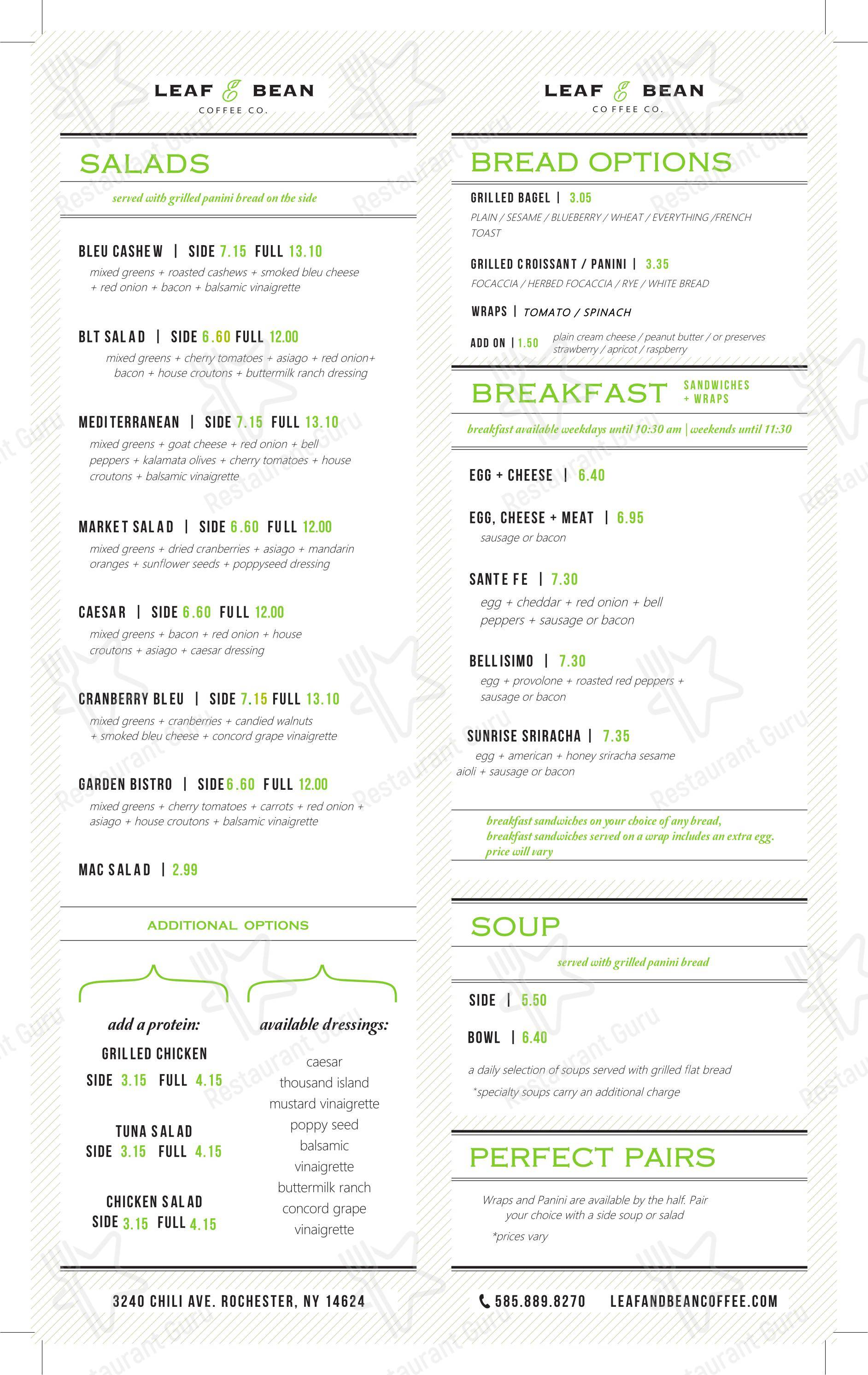 菜单 кафе Leaf & Bean Coffee Co в Рочестере