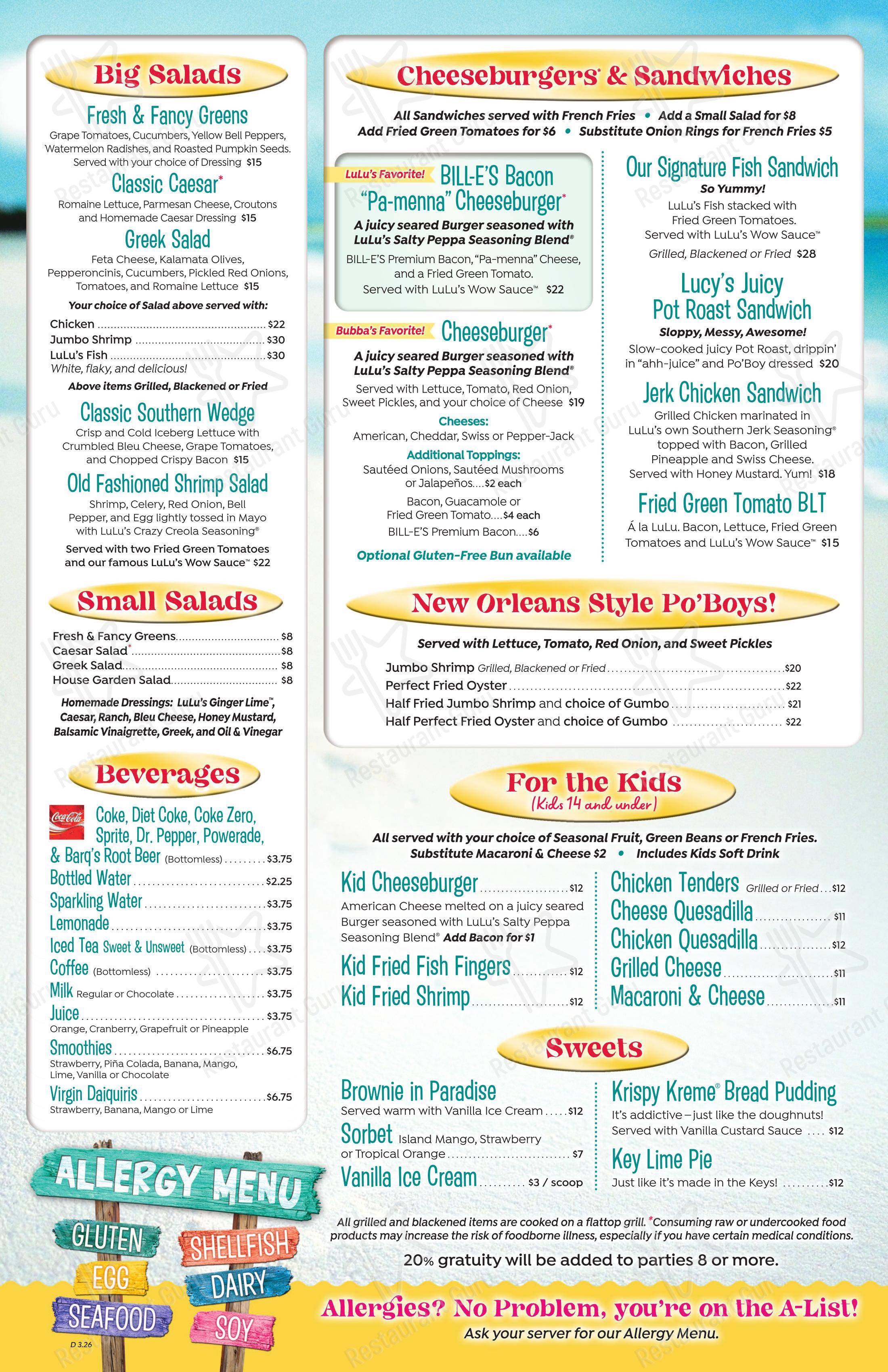 Меню напитков ресторана LuLu's Gulf Shores в Галфе Шорс