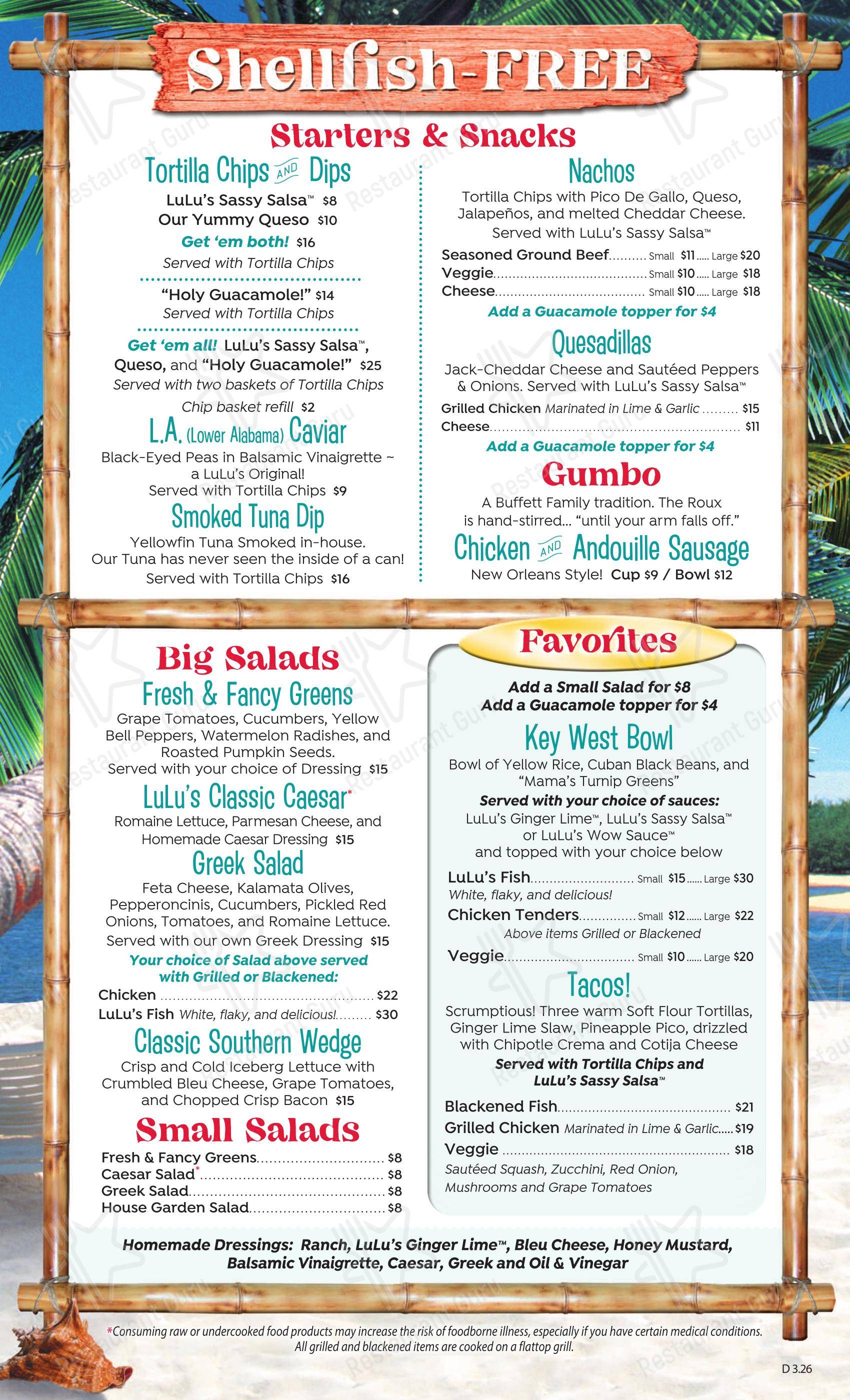 Меню напитков ресторана LuLu's Gulf Shores