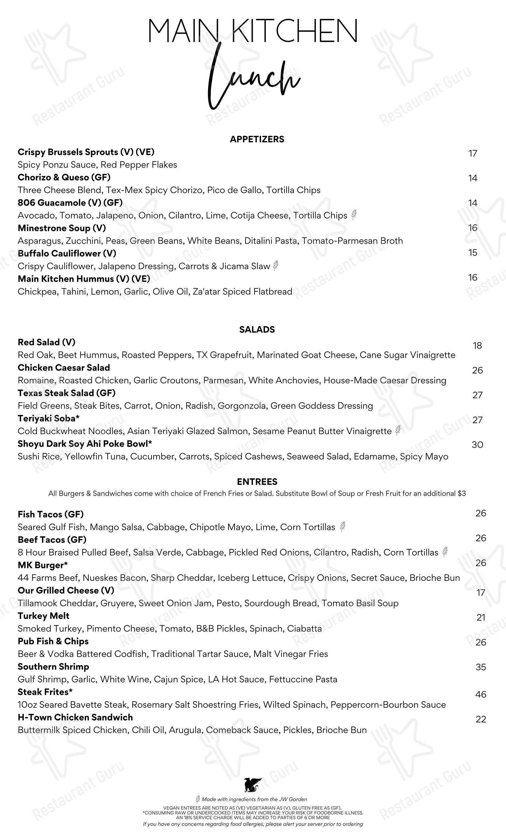 Меню напитков паба и бара Main Kitchen & 806 Lounge в Хьюстоне
