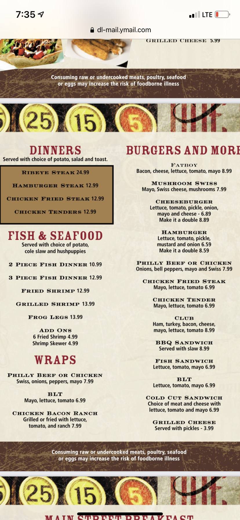 Main Street Cafe меню