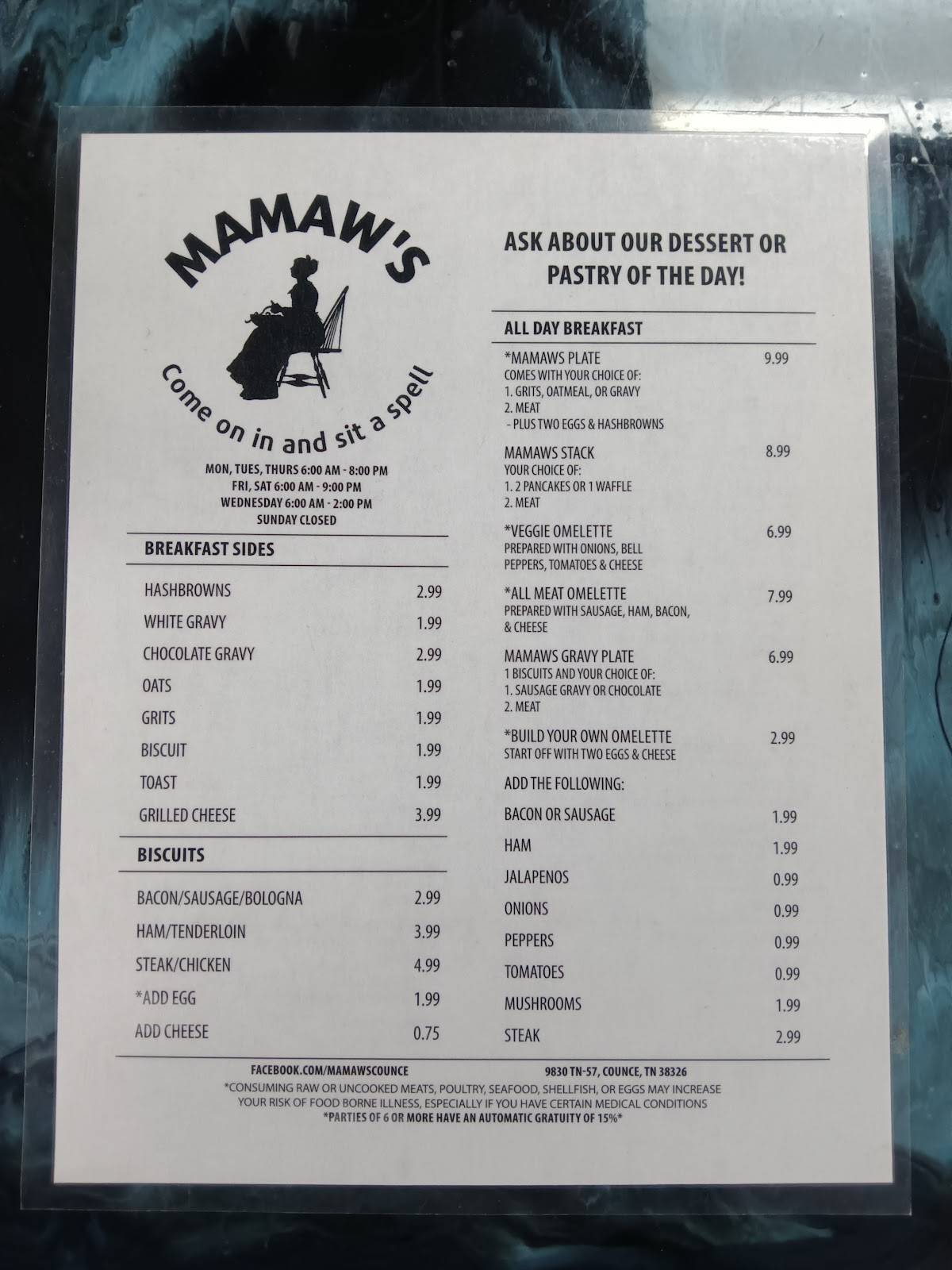 Mamaw's меню