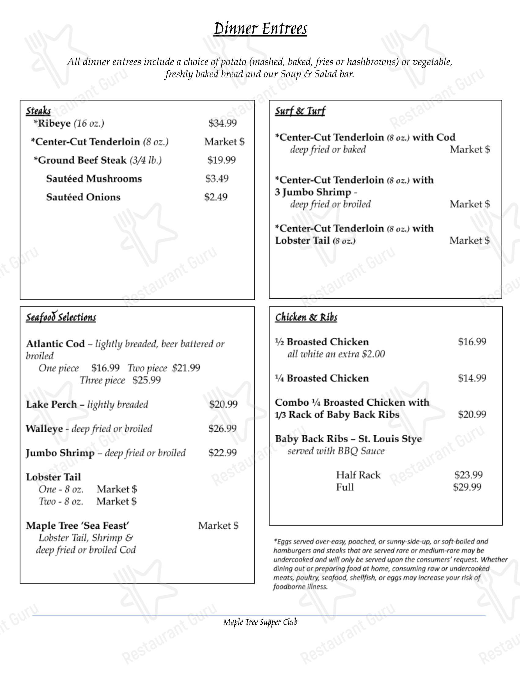 Maple Tree Supper Club в Маке-Фарленде - Меню