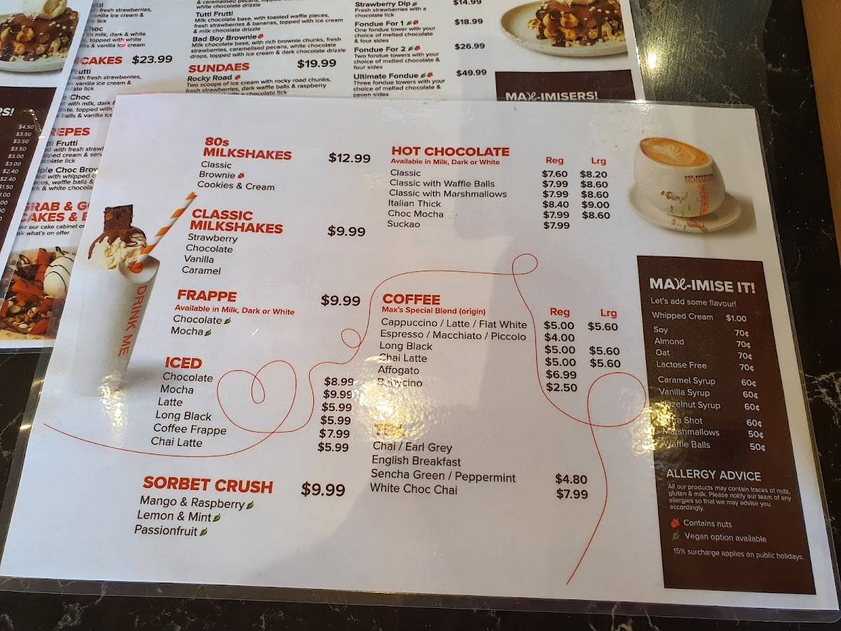Max Brenner- Manly Wharf меню