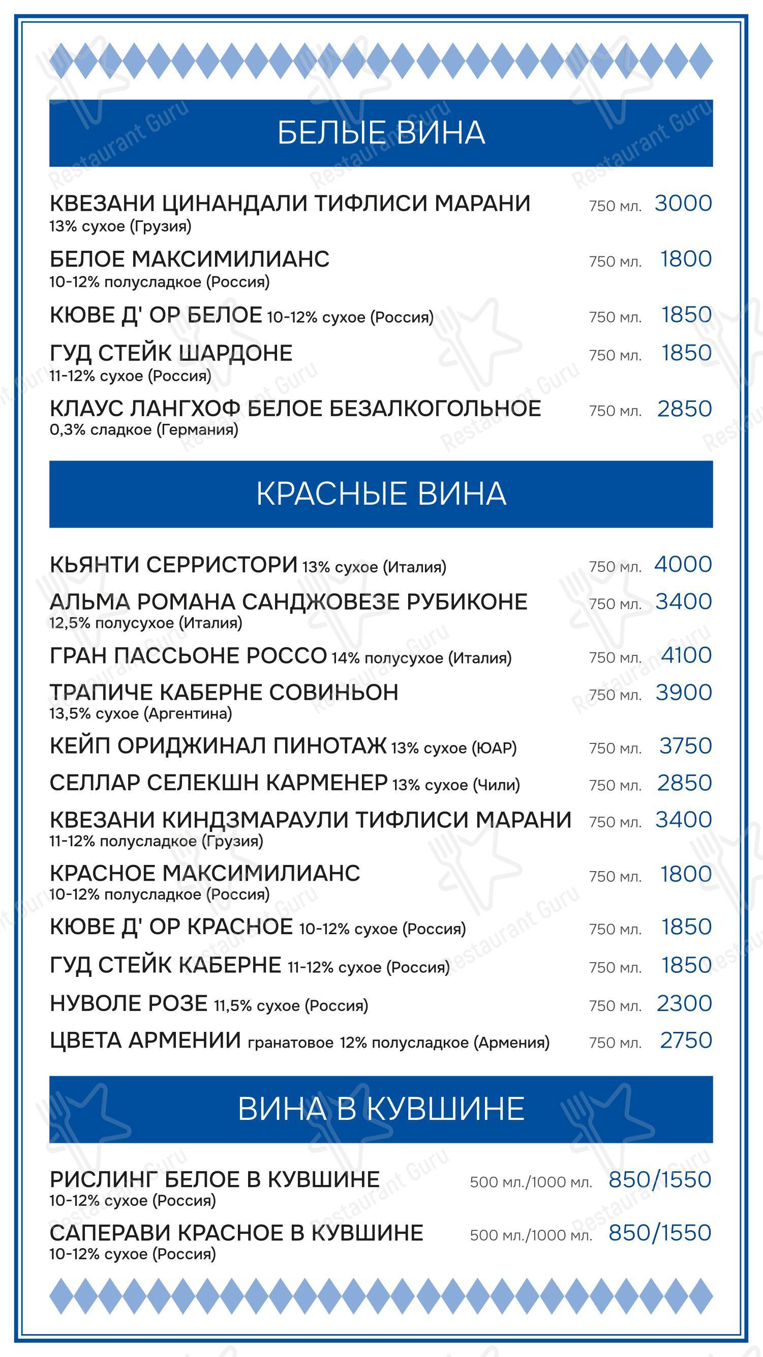 Основное меню ресторана Максимилианс