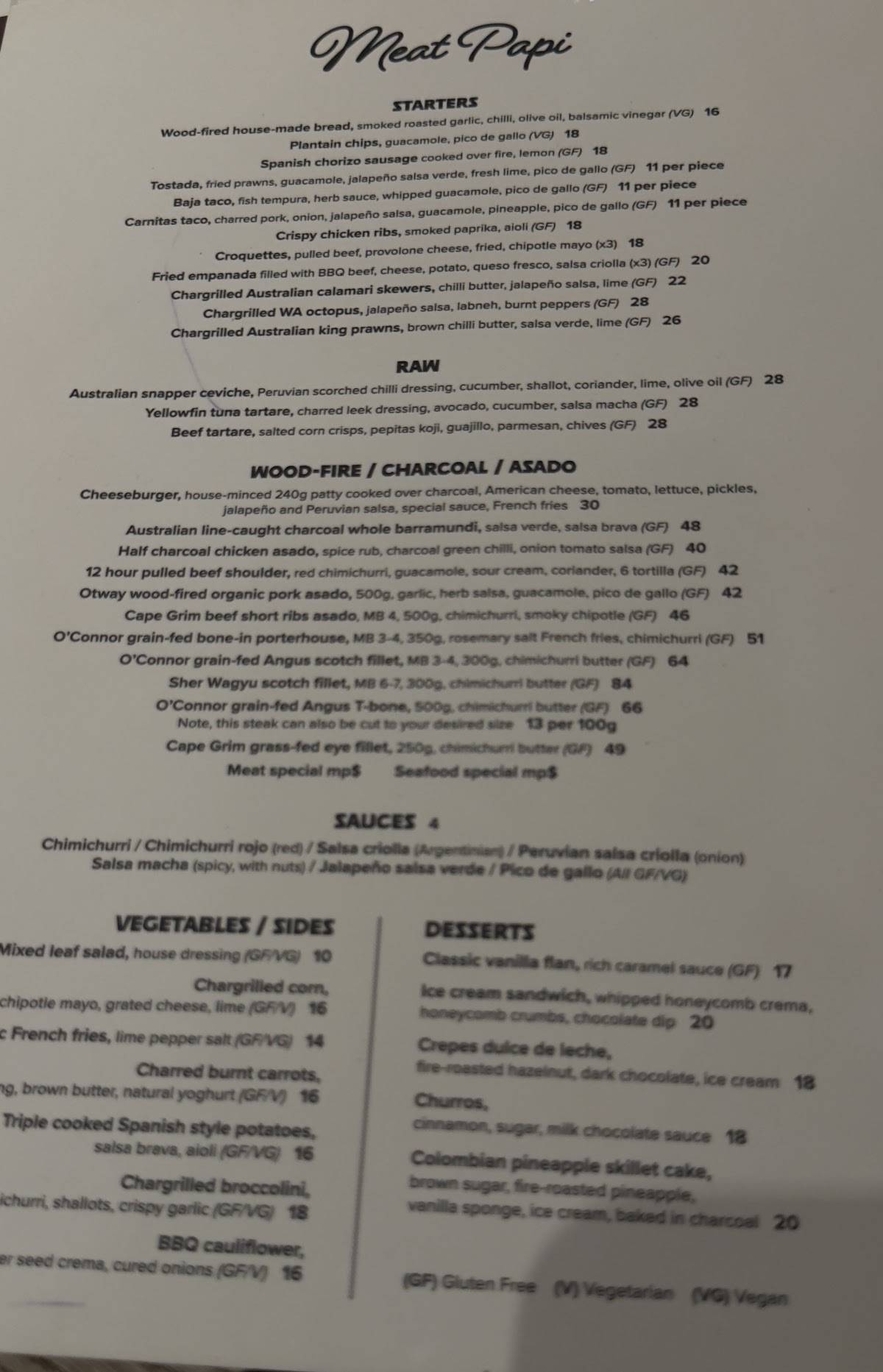 Meat Papi Restaurant Essendon меню