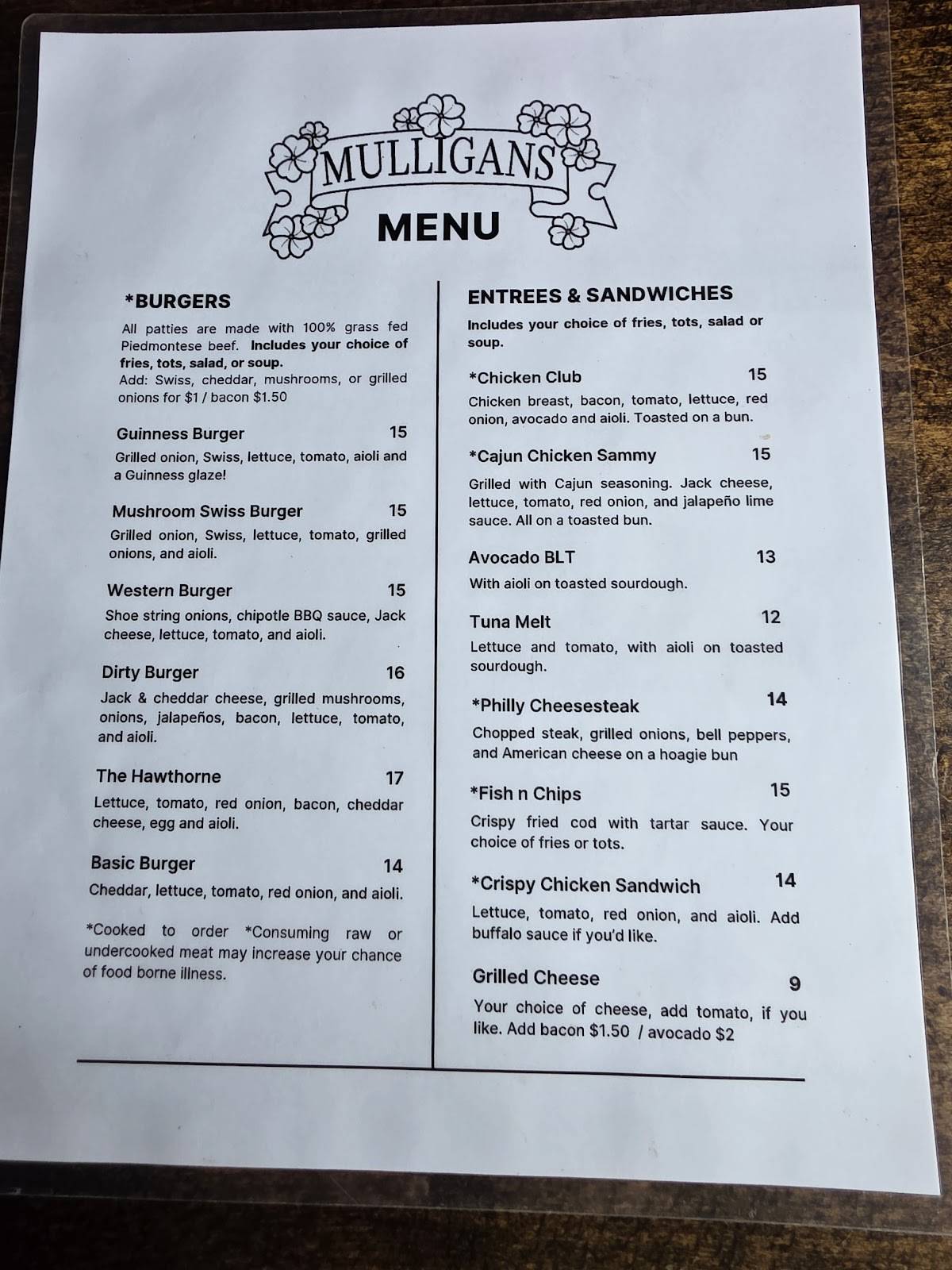 Mulligan's Bar & Grill меню