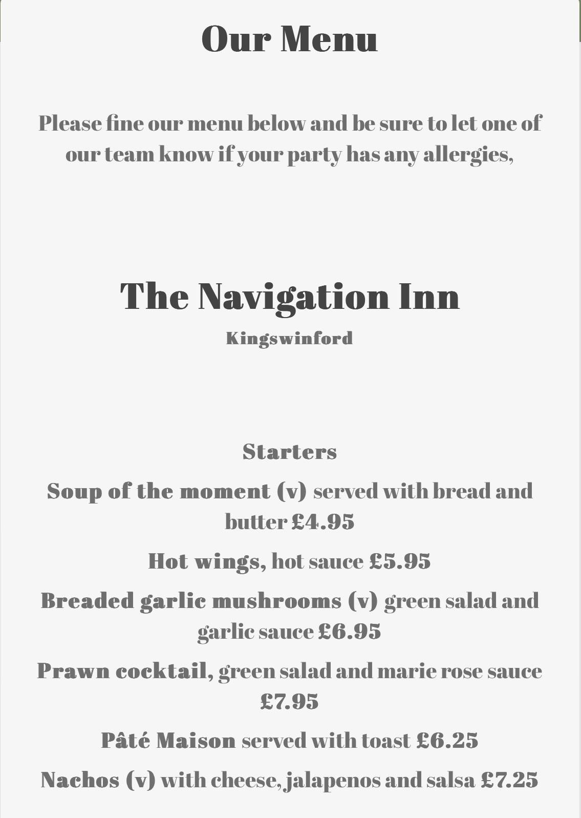 Navigation Inn меню
