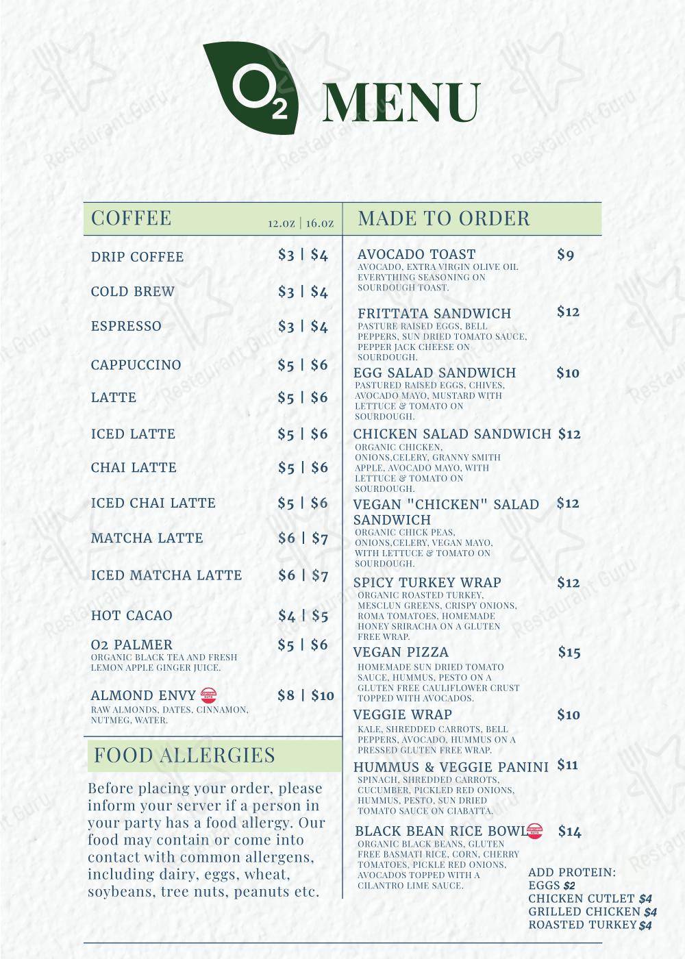 Меню паба и бара O2 Cafe в Кроссе Ривер