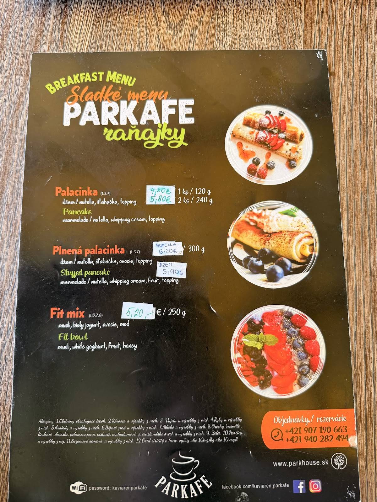 PARKAFE kaviareň меню