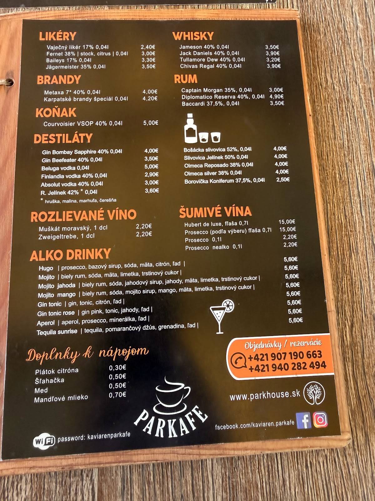 PARKAFE kaviareň меню