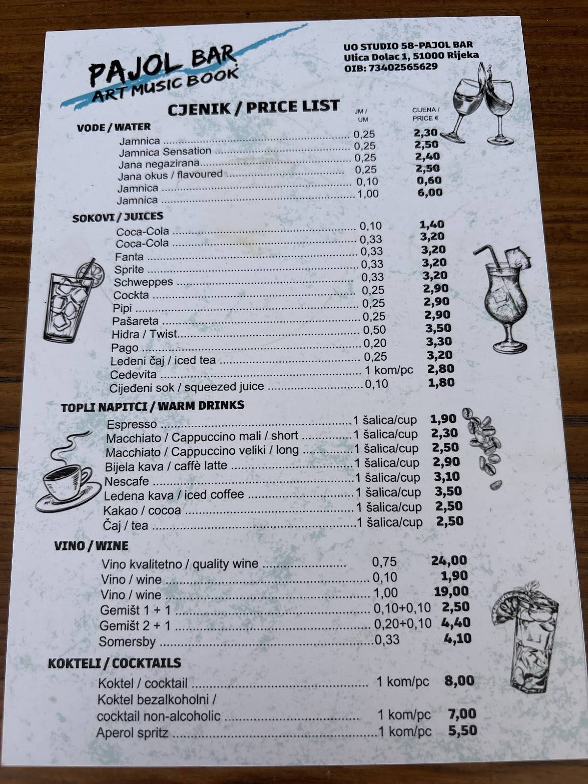 Pajol bar Pecine меню