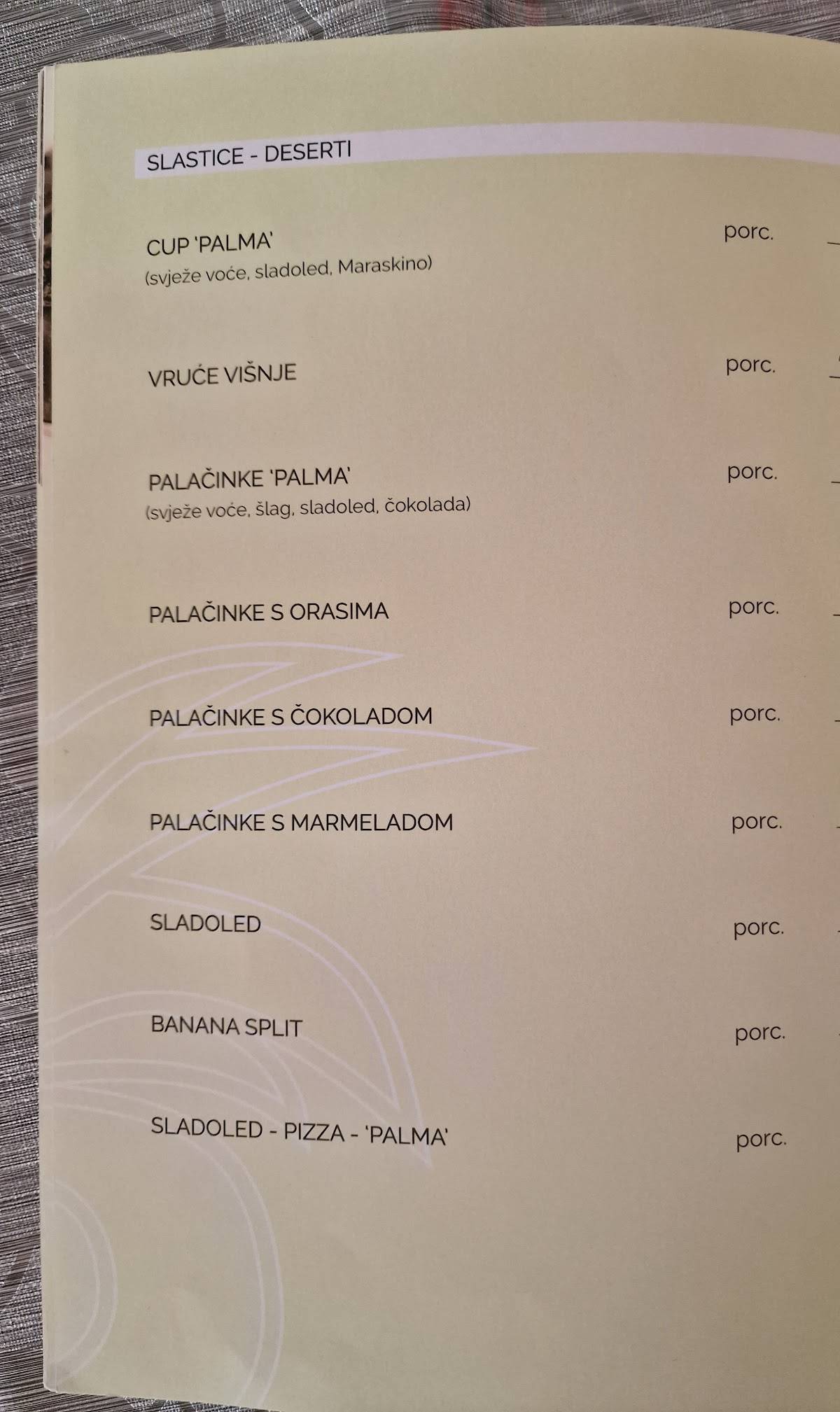 Restoran Palma меню