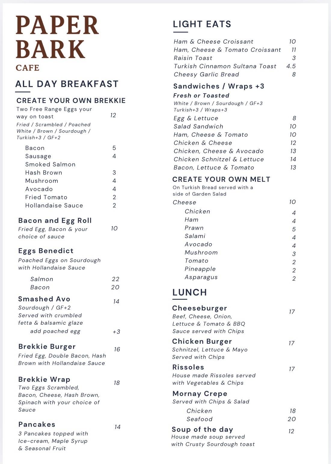 Paperbark Cafe меню