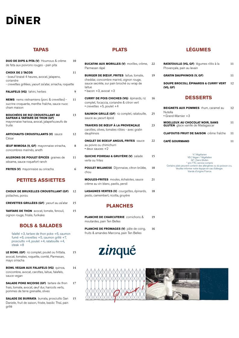 Zinqué Paris меню