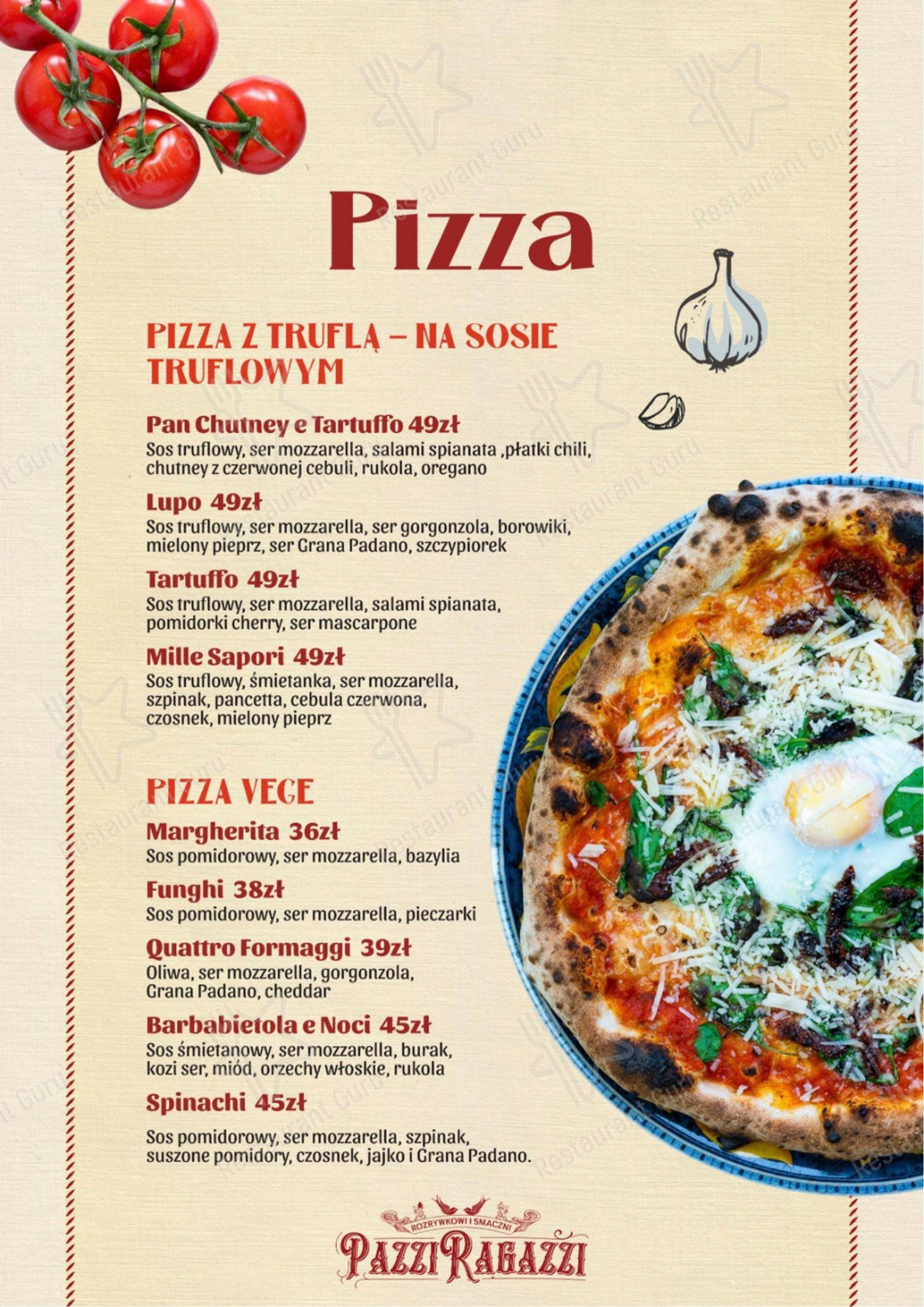 Dinner Menu ресторана Pazzi Ragazzi Gdańsk Osowa