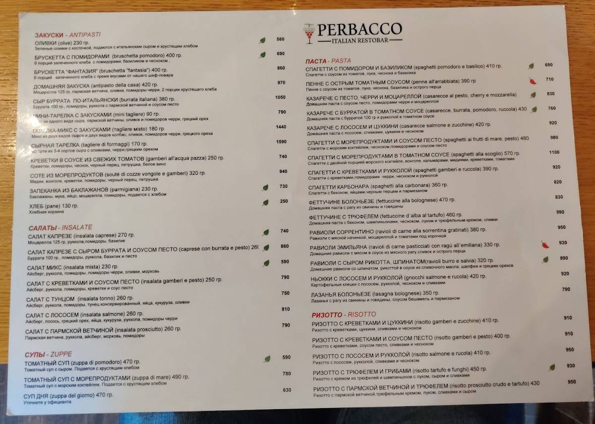 Perbacco меню