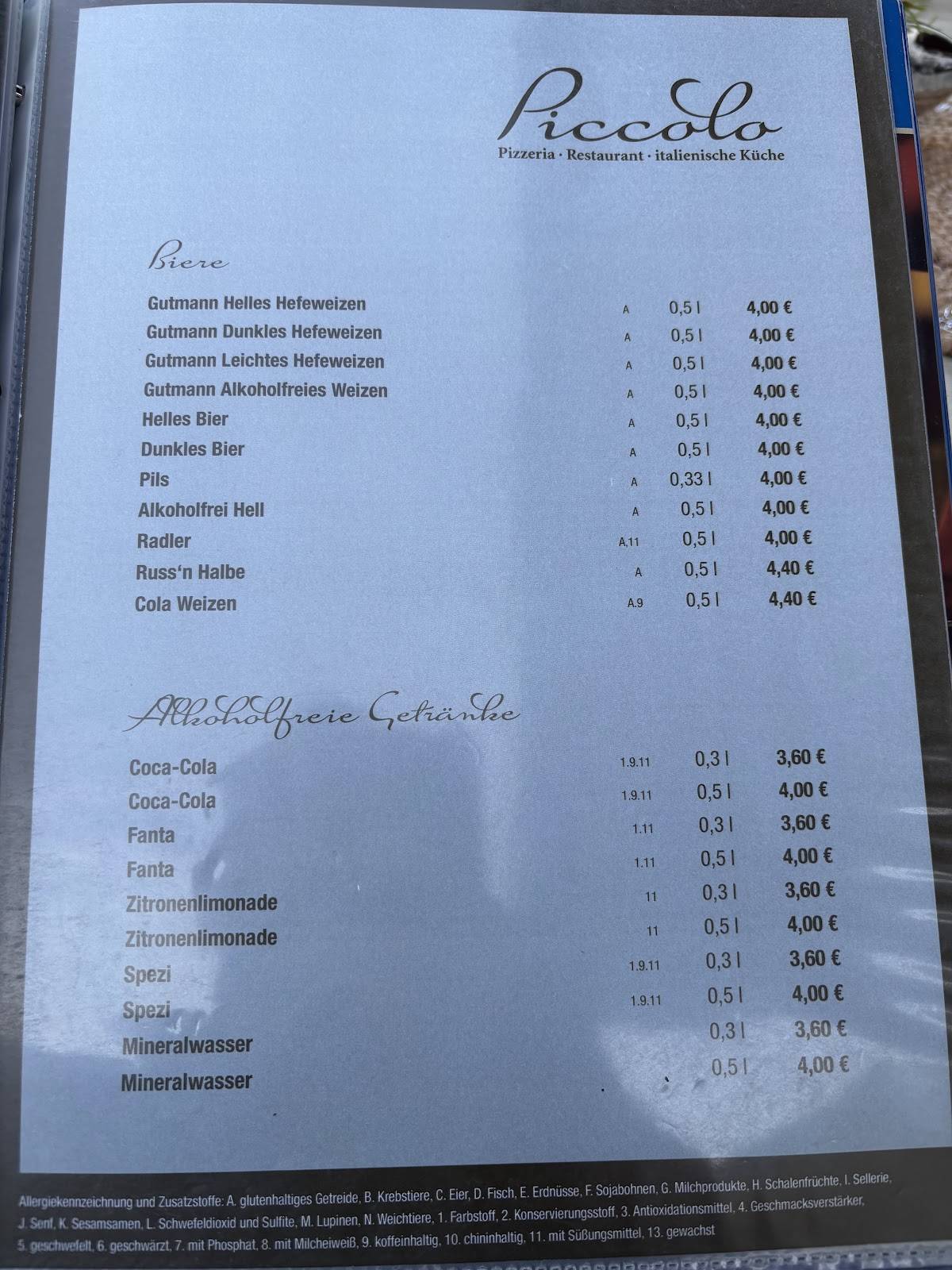Piccolo Pizzeria Café Bar меню