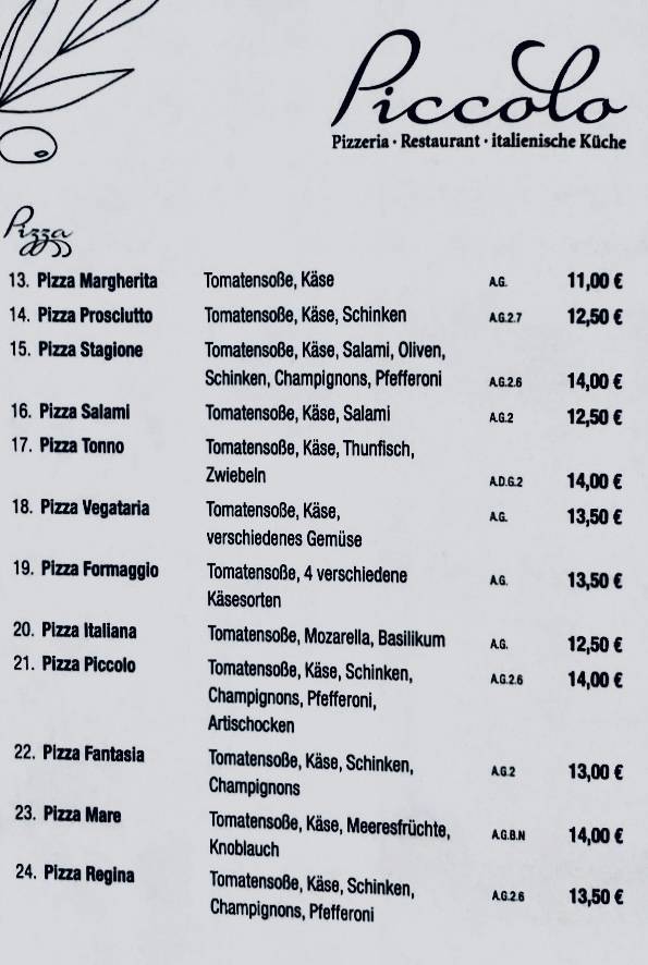Piccolo Pizzeria Café Bar меню