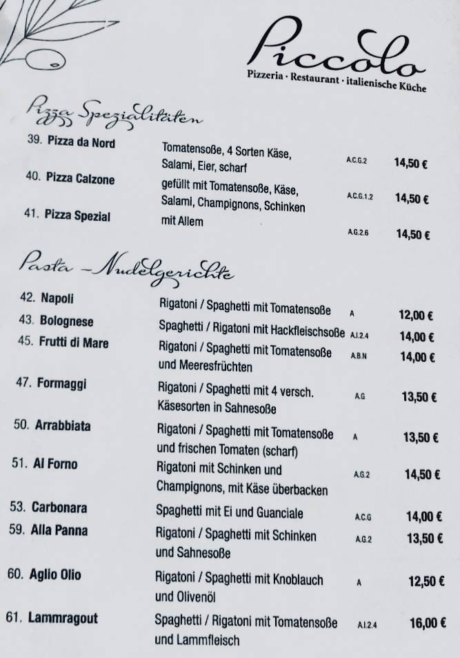 Piccolo Pizzeria Café Bar меню