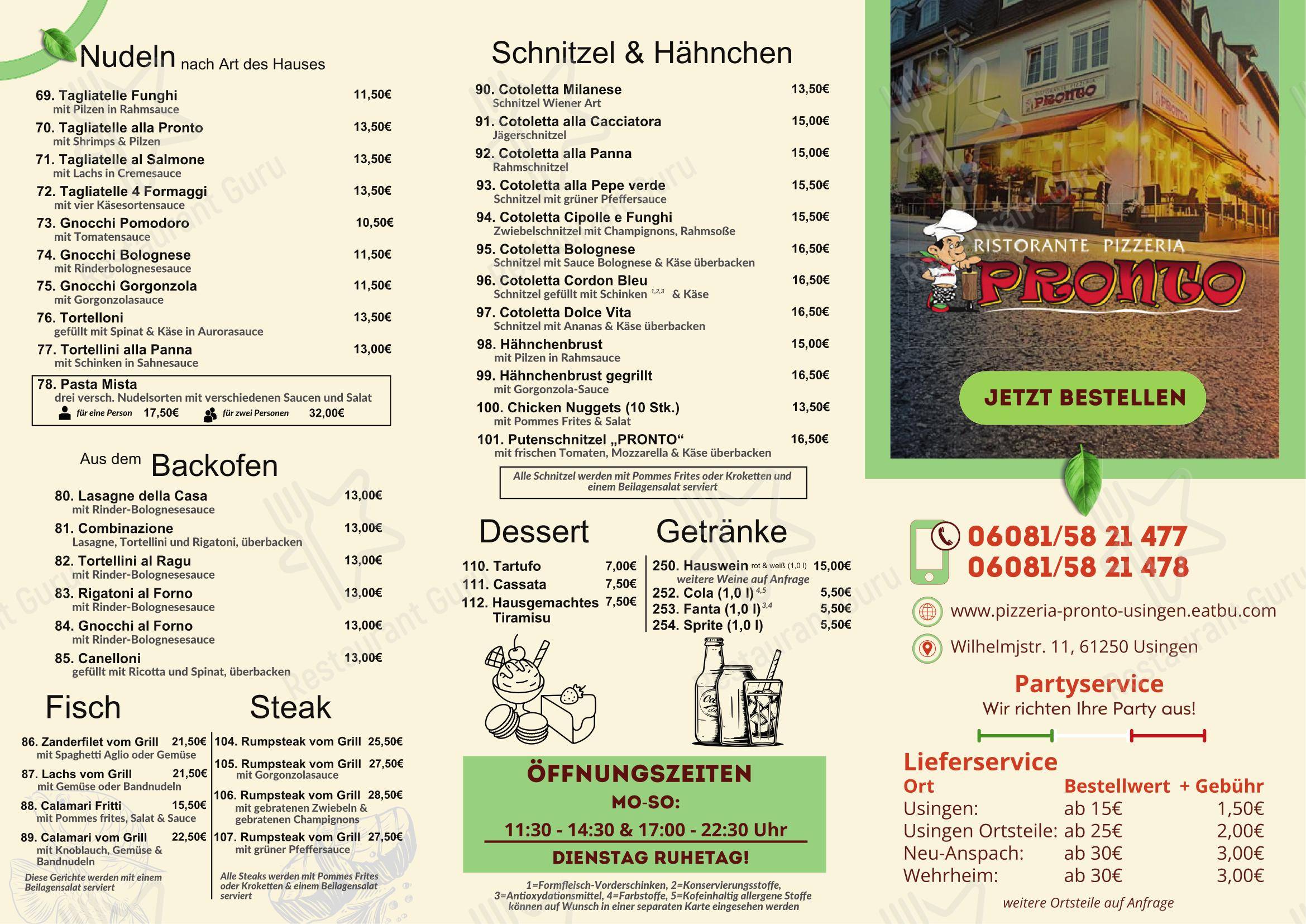 Меню пиццерии Pizzeria Pronto Usingen