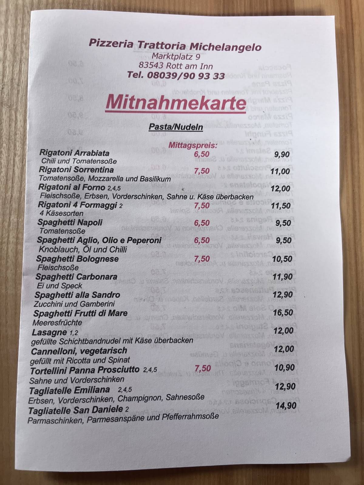 Pizzeria Trattoria Michelangelo меню