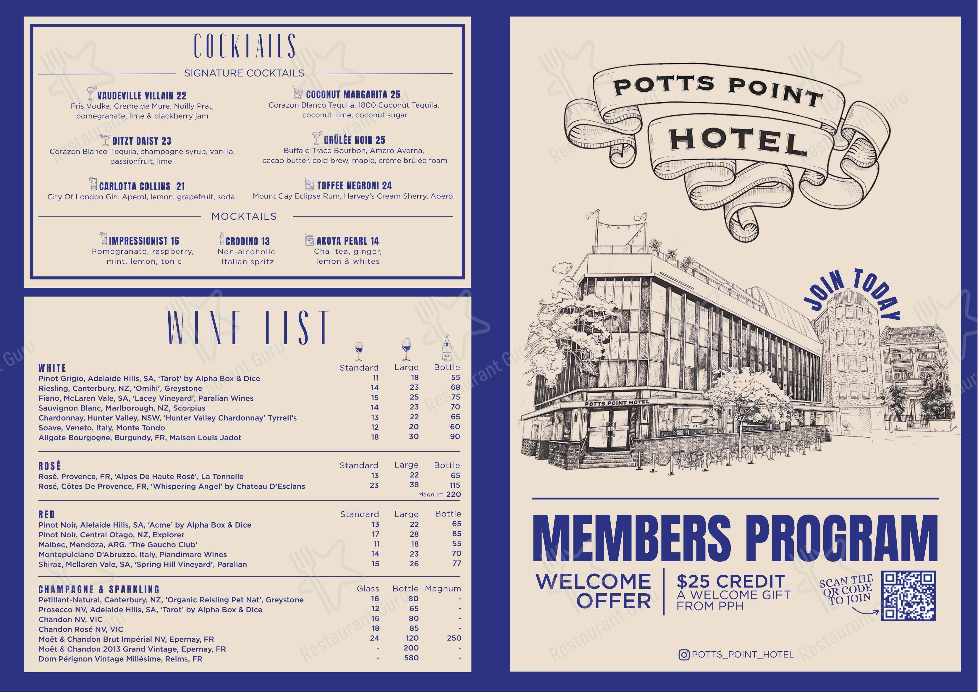 Меню паба и бара Potts Point Hotel - Основное меню