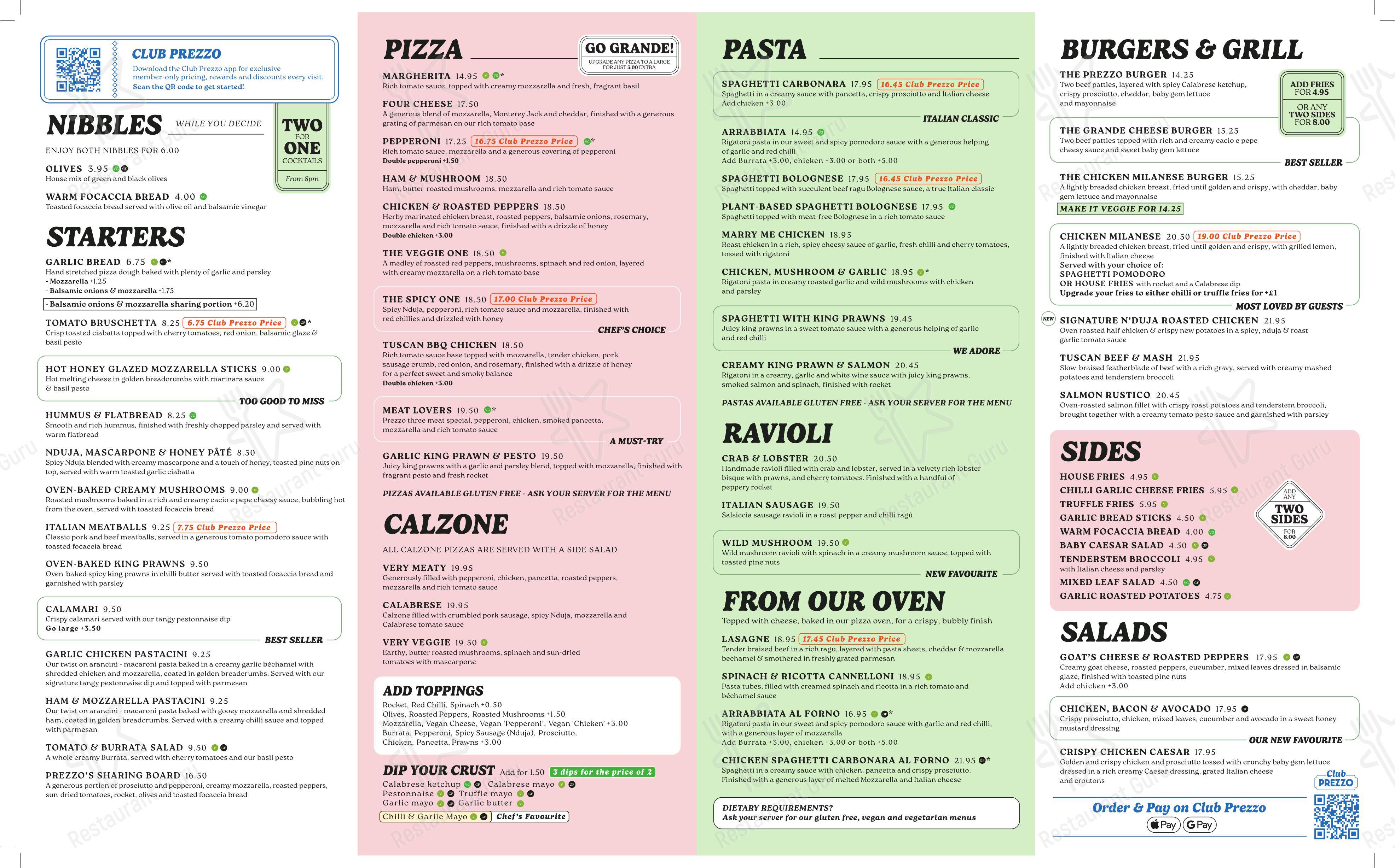Prezzo Italian Restaurant Trowbridge в Троубридже - Меню