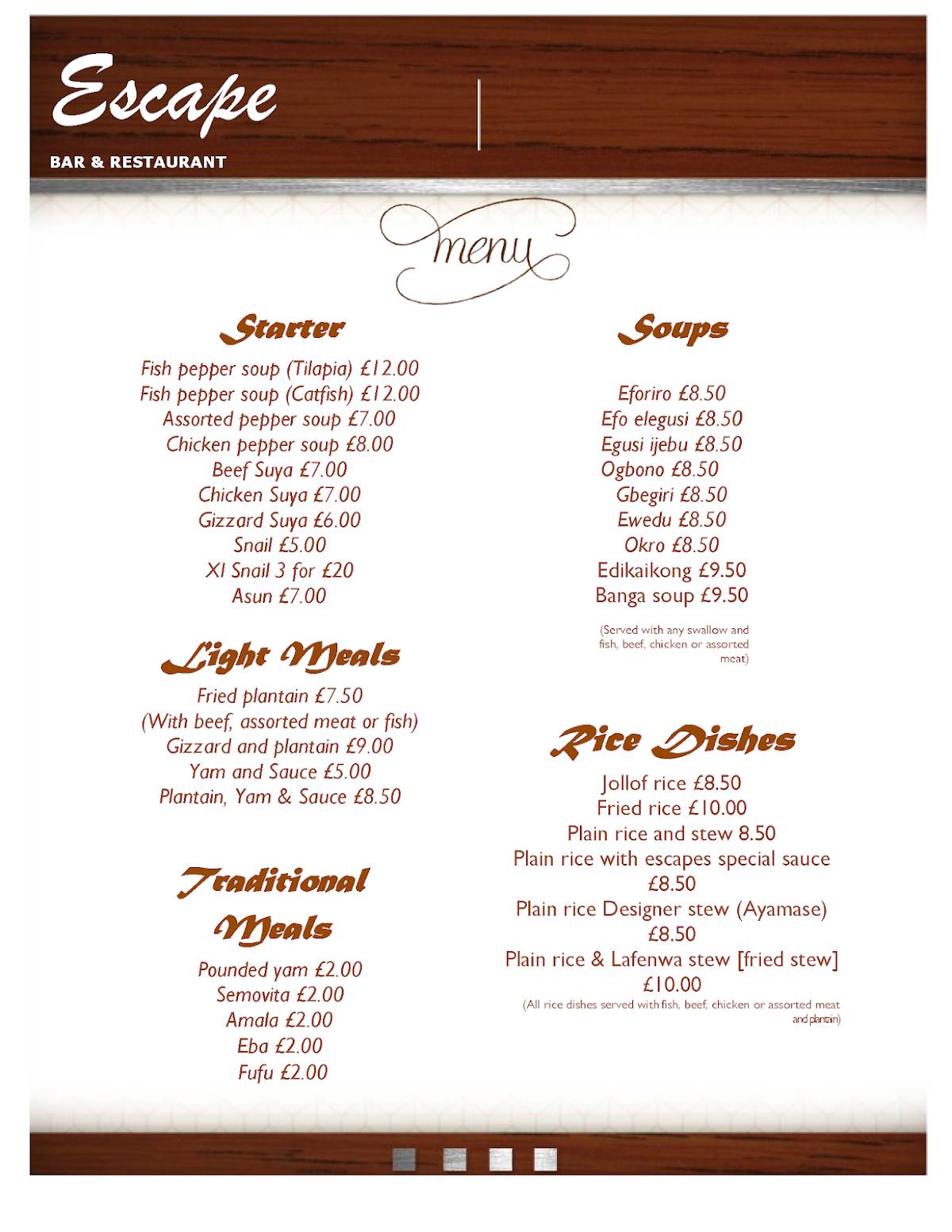 Escape Restaurant & Bar меню