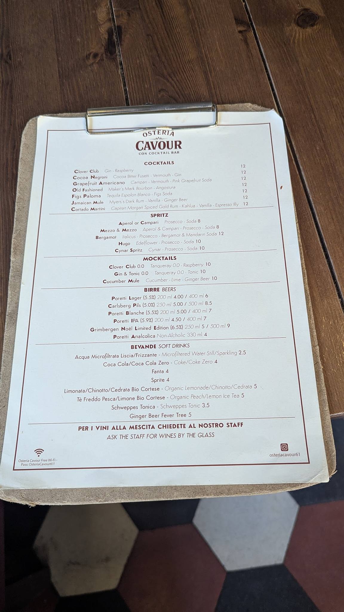 Osteria Cavour меню