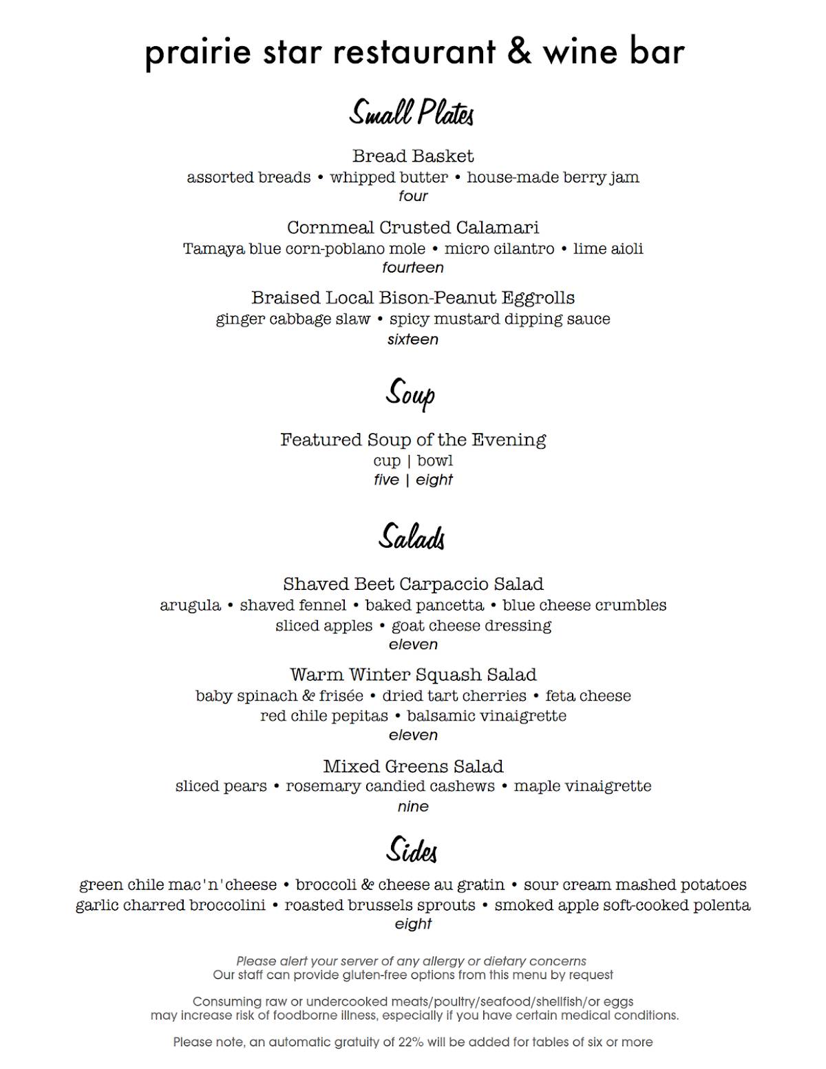 Prairie Star - Restaurant & Wine Bar меню