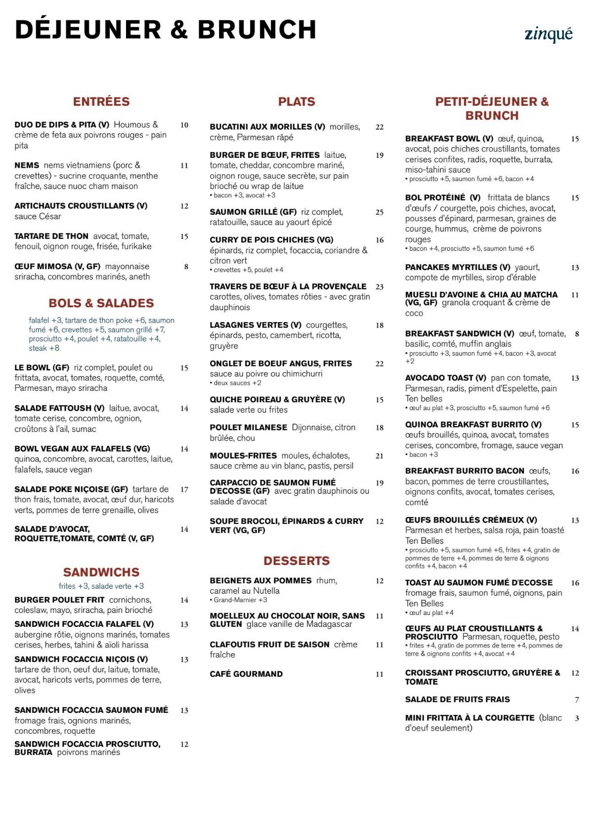 Zinqué Paris меню